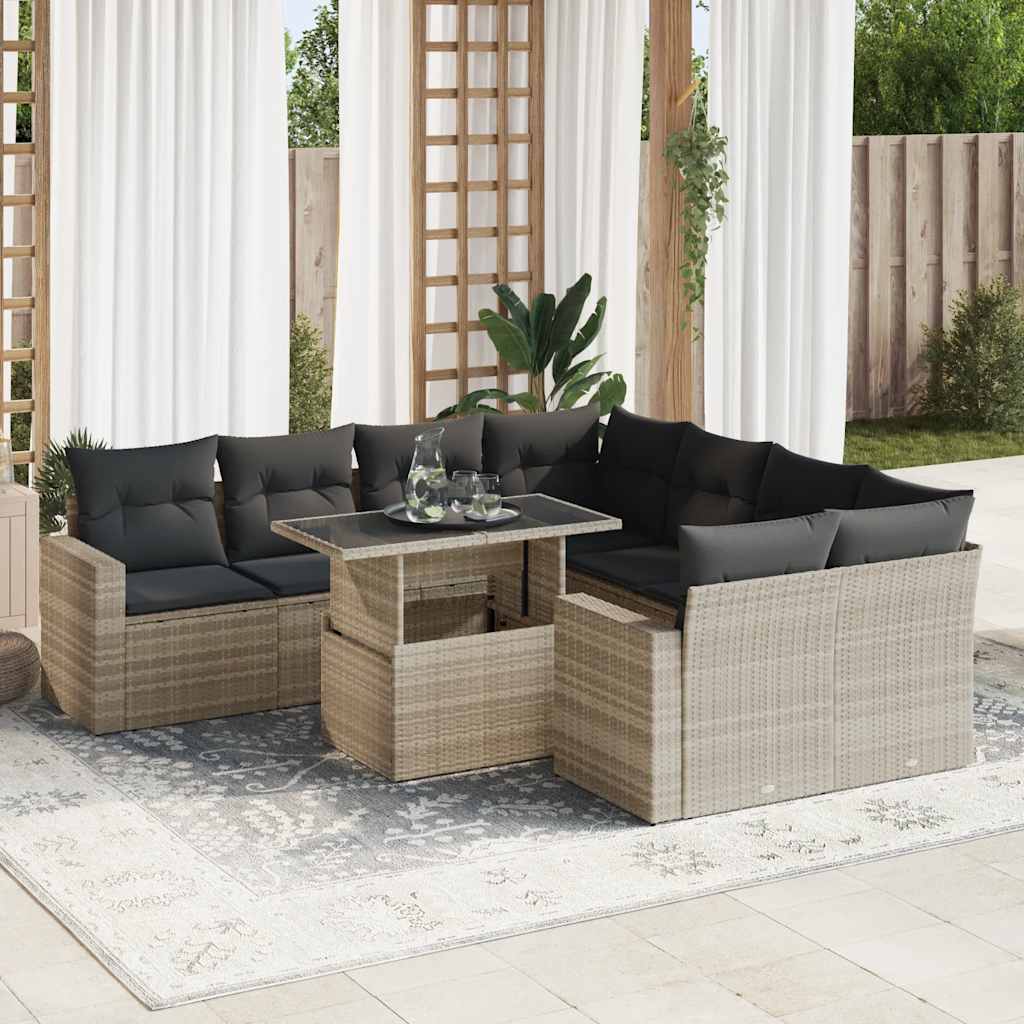9 Pcs conj. sofás jardim com almofadões vime PE cinzento-claro