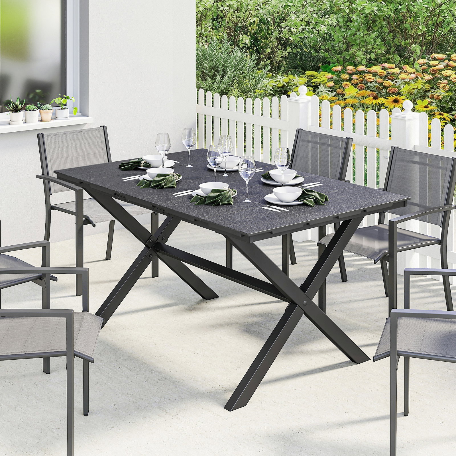 Mesa de jantar retangular para jardim para 6 pessoas com tampo de HDPE efeito ripas e estrutura metálica 150x90x74 cm, preto