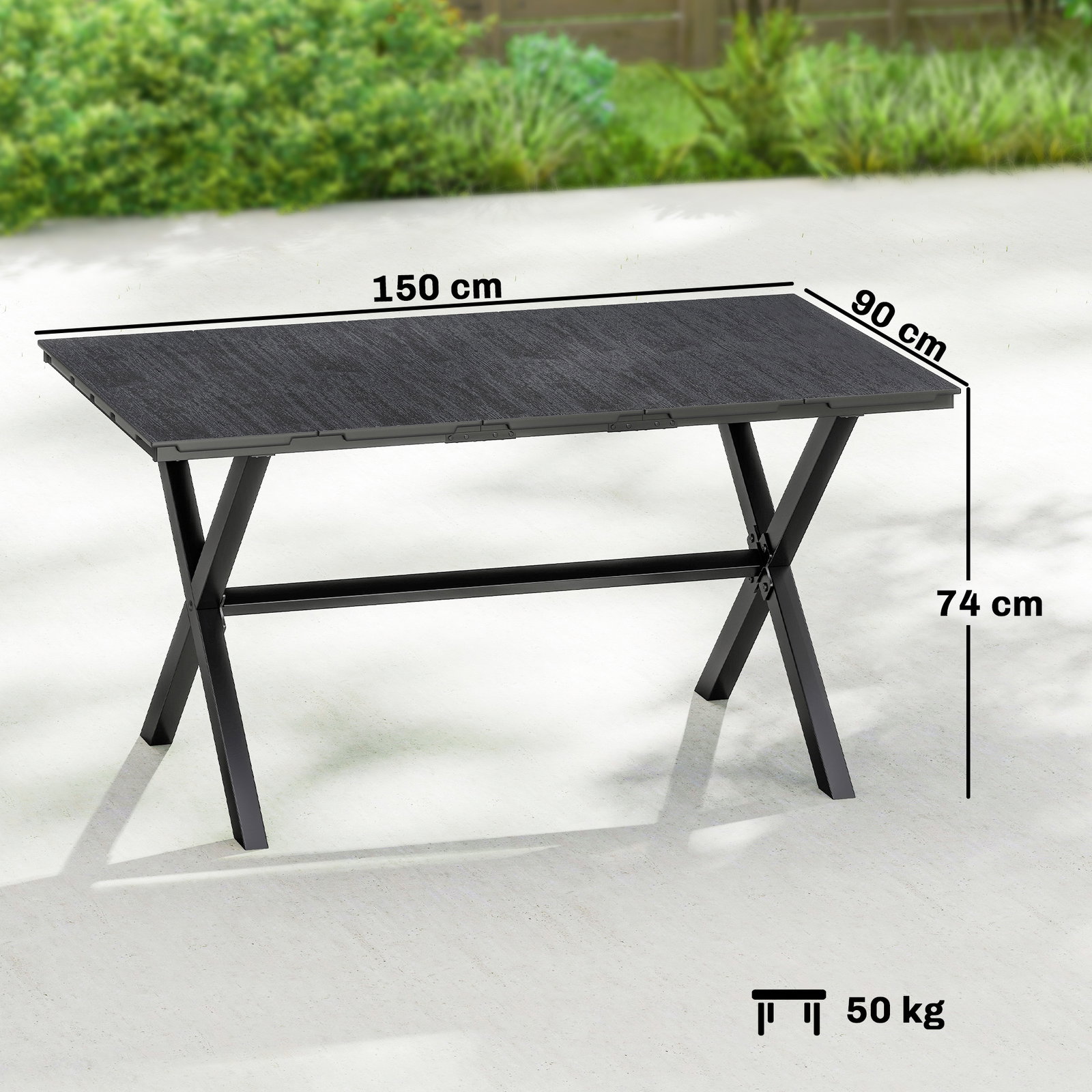 Mesa de jantar retangular para jardim para 6 pessoas com tampo de HDPE efeito ripas e estrutura metálica 150x90x74 cm, preto