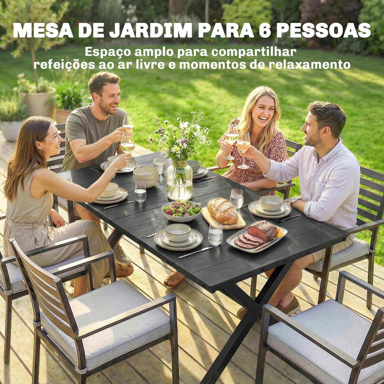 Mesa de jantar retangular para jardim para 6 pessoas com tampo de HDPE efeito ripas e estrutura metálica 150x90x74 cm, preto
