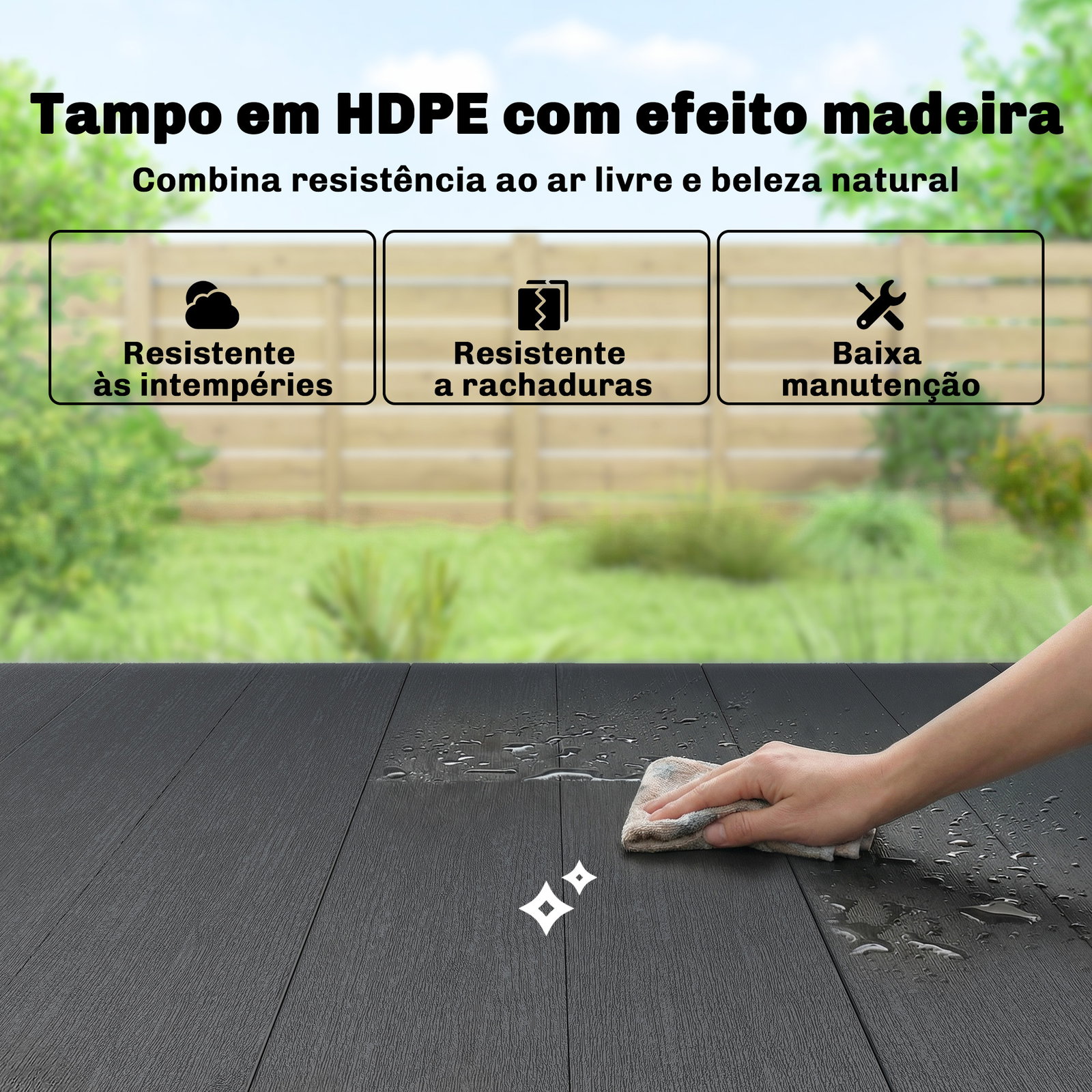 Mesa de jantar retangular para jardim para 6 pessoas com tampo de HDPE efeito ripas e estrutura metálica 150x90x74 cm, preto