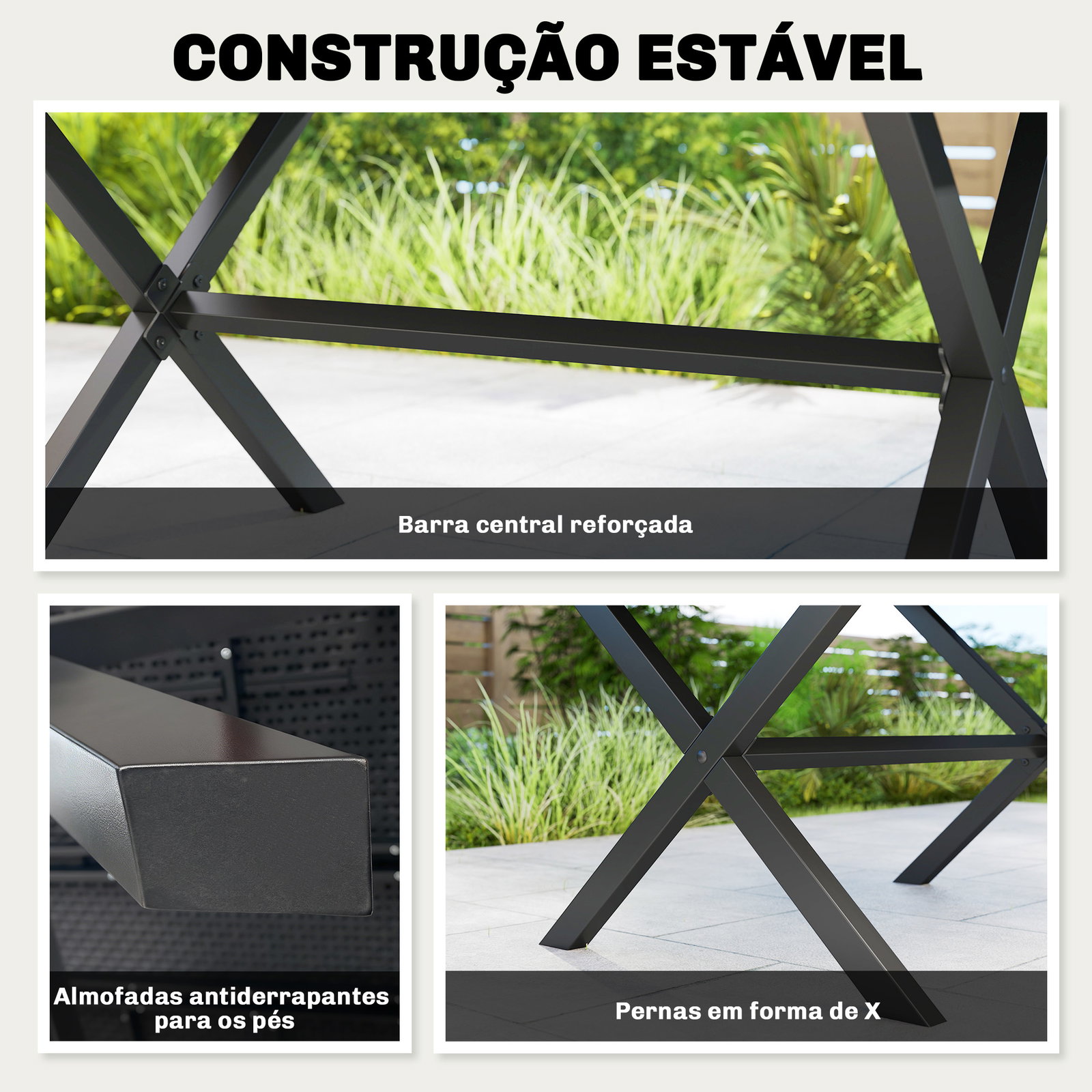Mesa de jantar retangular para jardim para 6 pessoas com tampo de HDPE efeito ripas e estrutura metálica 150x90x74 cm, preto