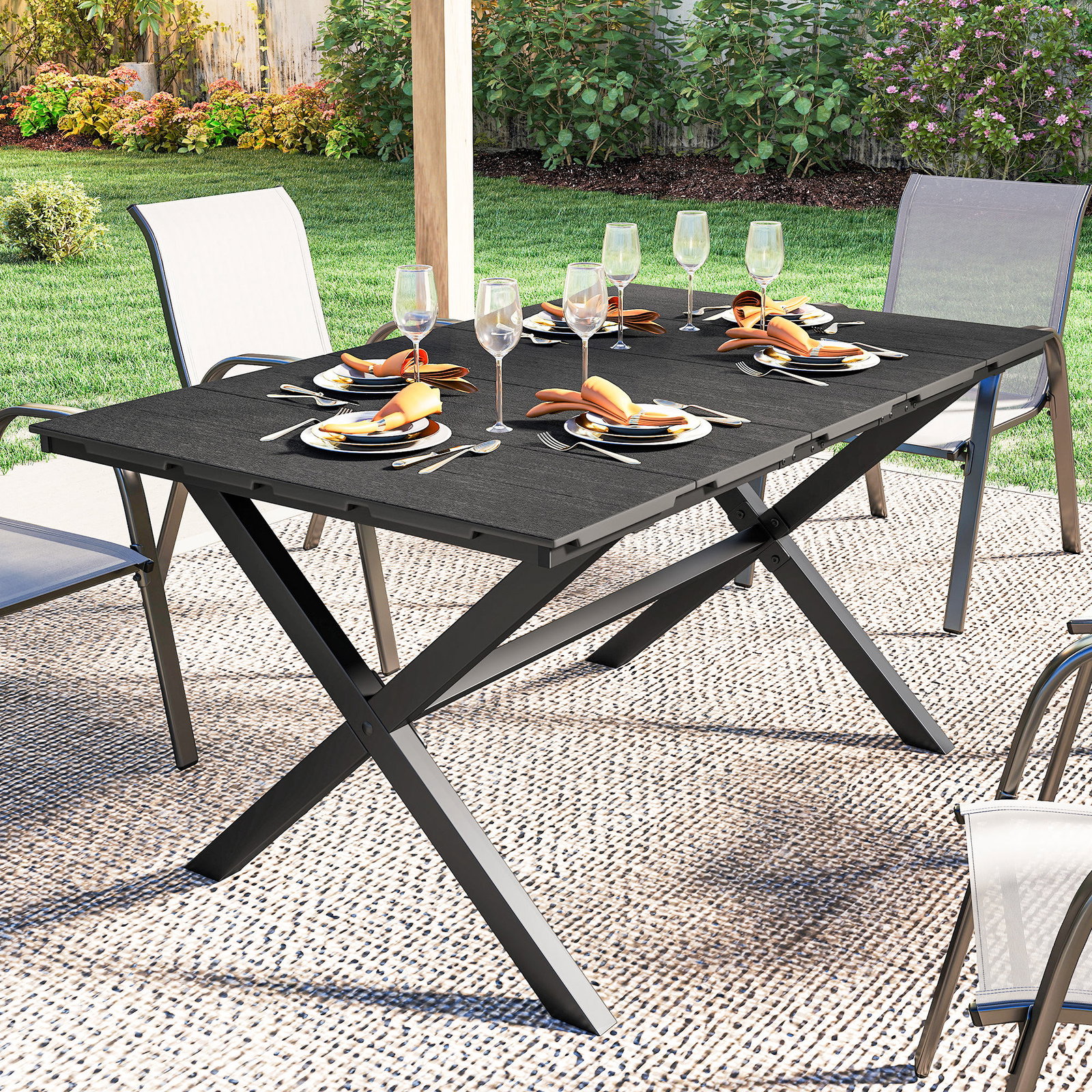 Mesa de jantar retangular para jardim para 6 pessoas com tampo de HDPE efeito ripas e estrutura metálica 150x90x74 cm, preto