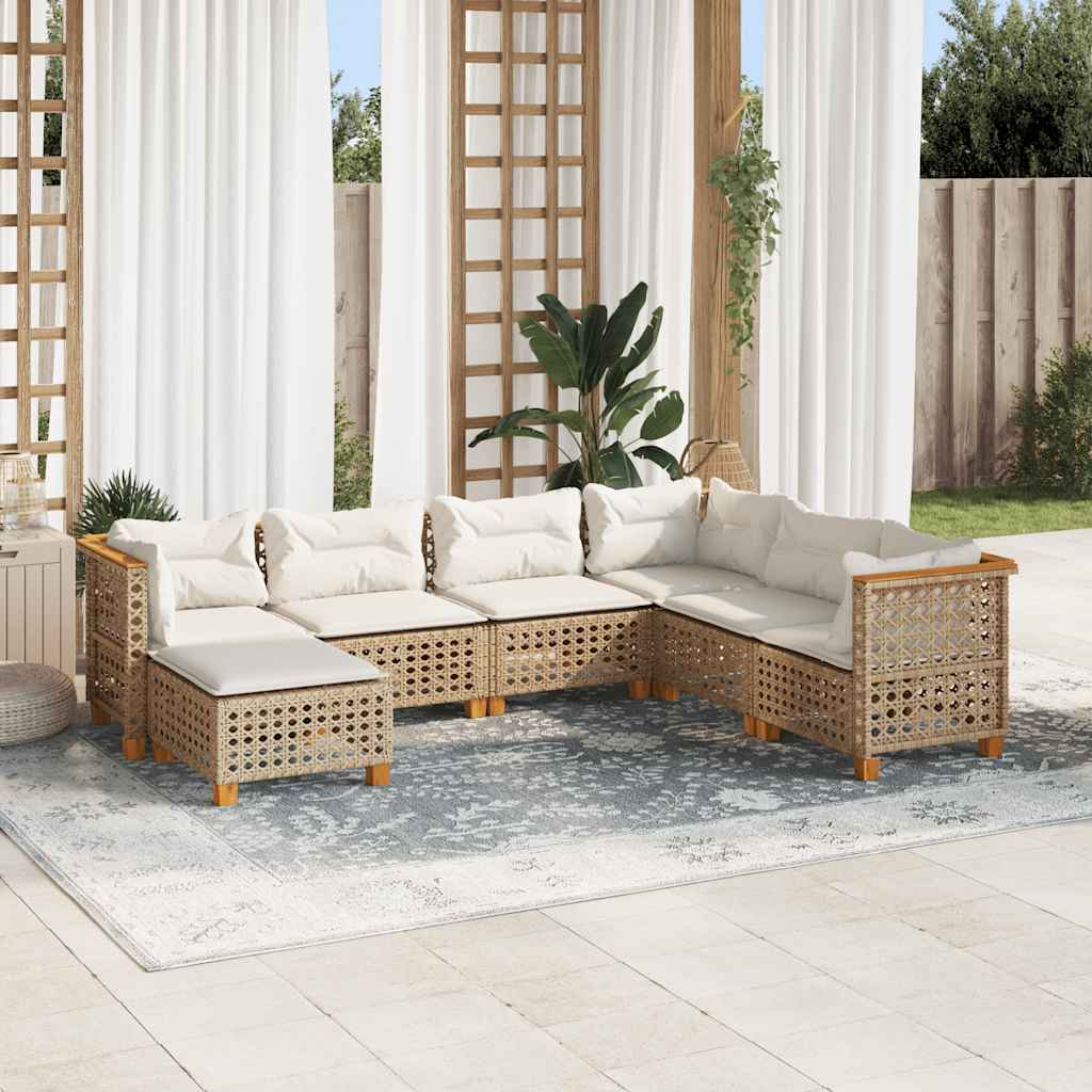 7 Pcs conjunto de sofás p/ jardim com almofadões vime PE bege