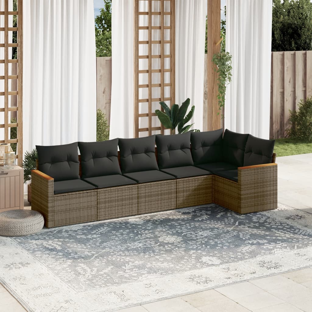 6 Pcs conjunto sofás de jardim com almofadões vime cinzento
