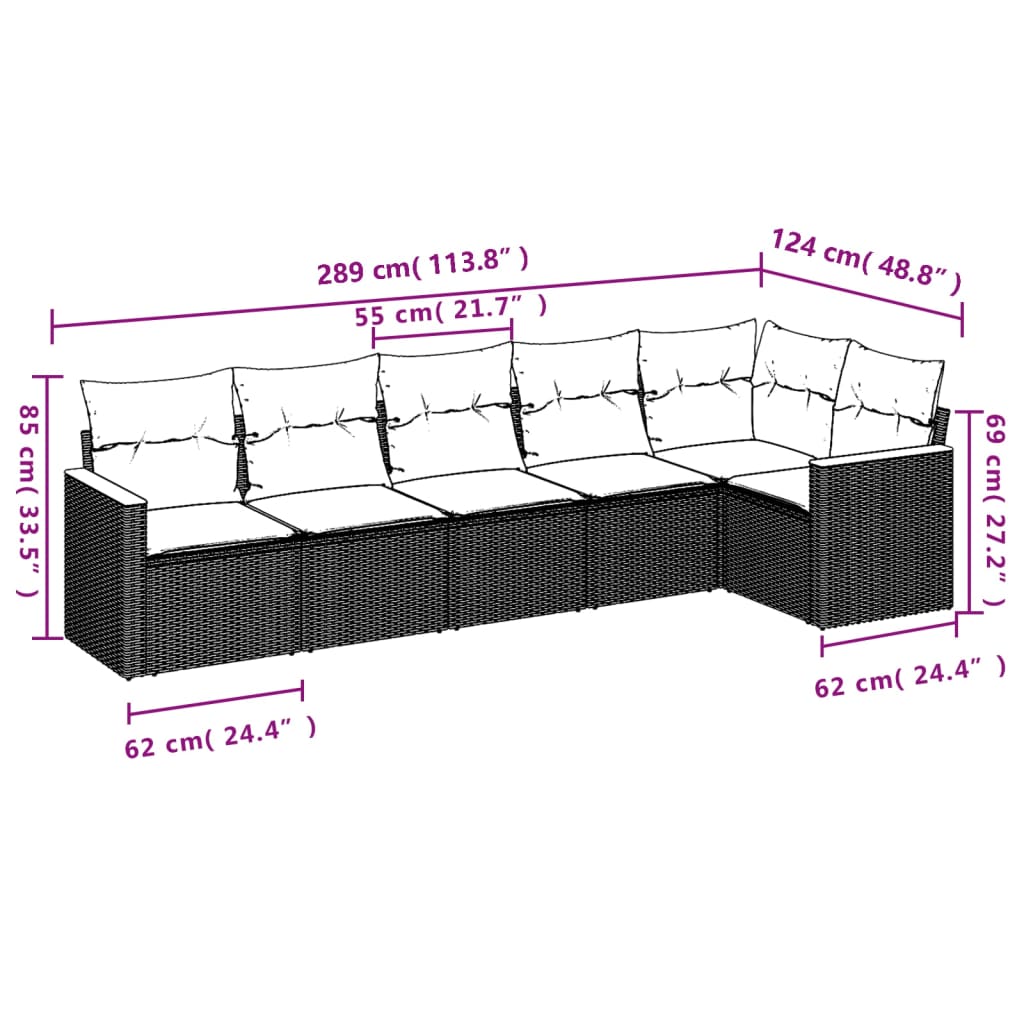 6 Pcs conjunto sofás de jardim com almofadões vime cinzento