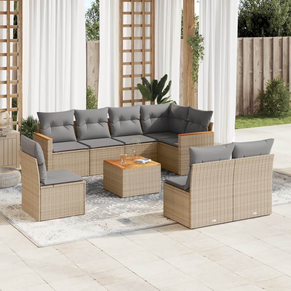 9 Pcs conjunto de sofás p/ jardim com almofadões vime PE bege