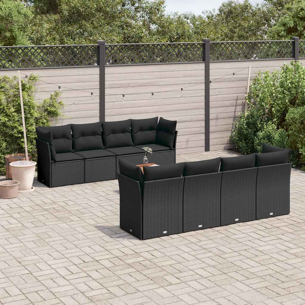 9 Pcs conjunto de sofás p/ jardim c/ almofadões vime PE preto