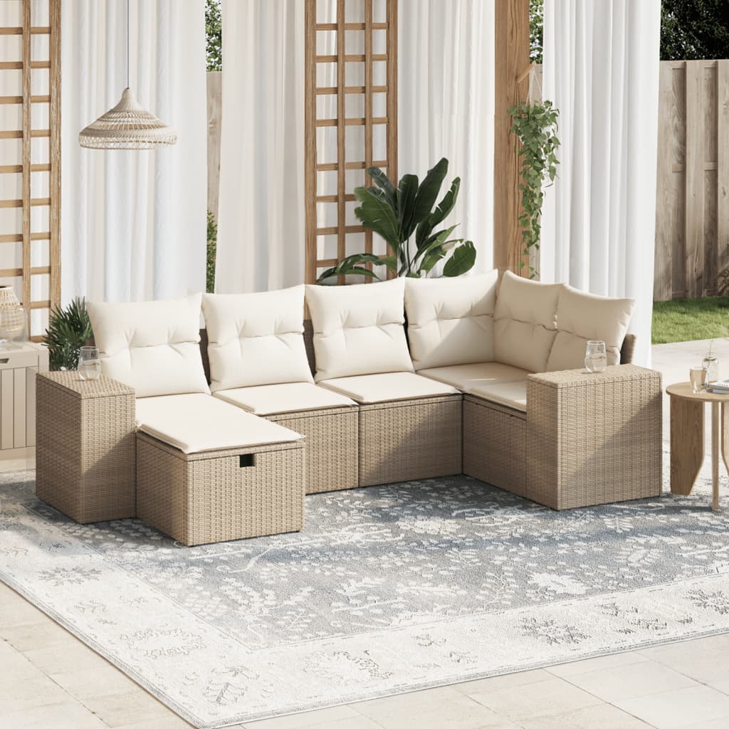 6 Pcs conjunto de sofás p/ jardim com almofadões vime PE bege
