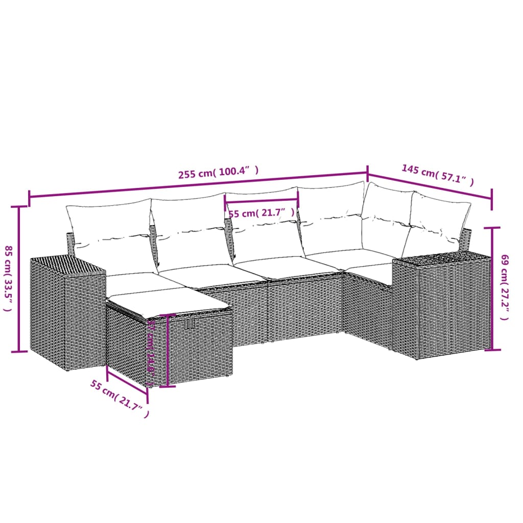 6 Pcs conjunto de sofás p/ jardim com almofadões vime PE bege