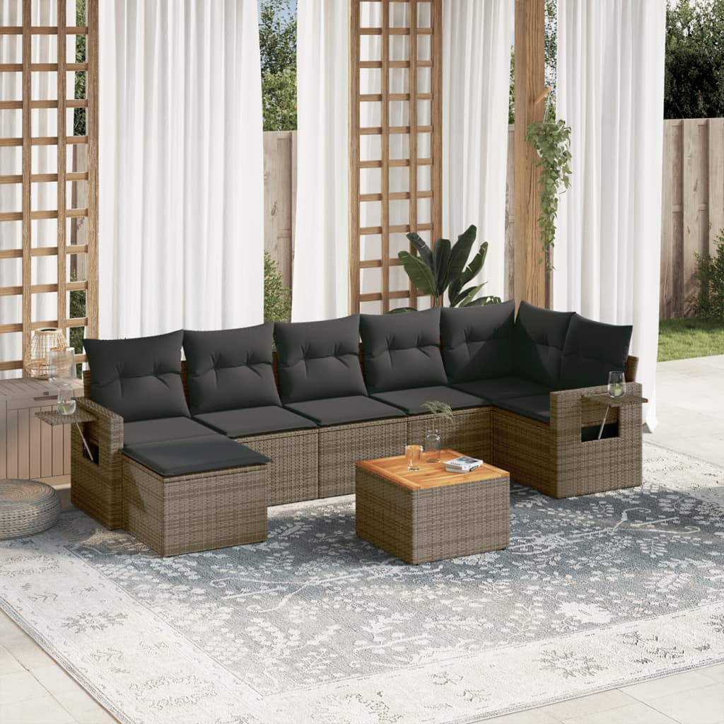 8 Pcs conjunto sofás de jardim c/ almofadões vime PE cinzento