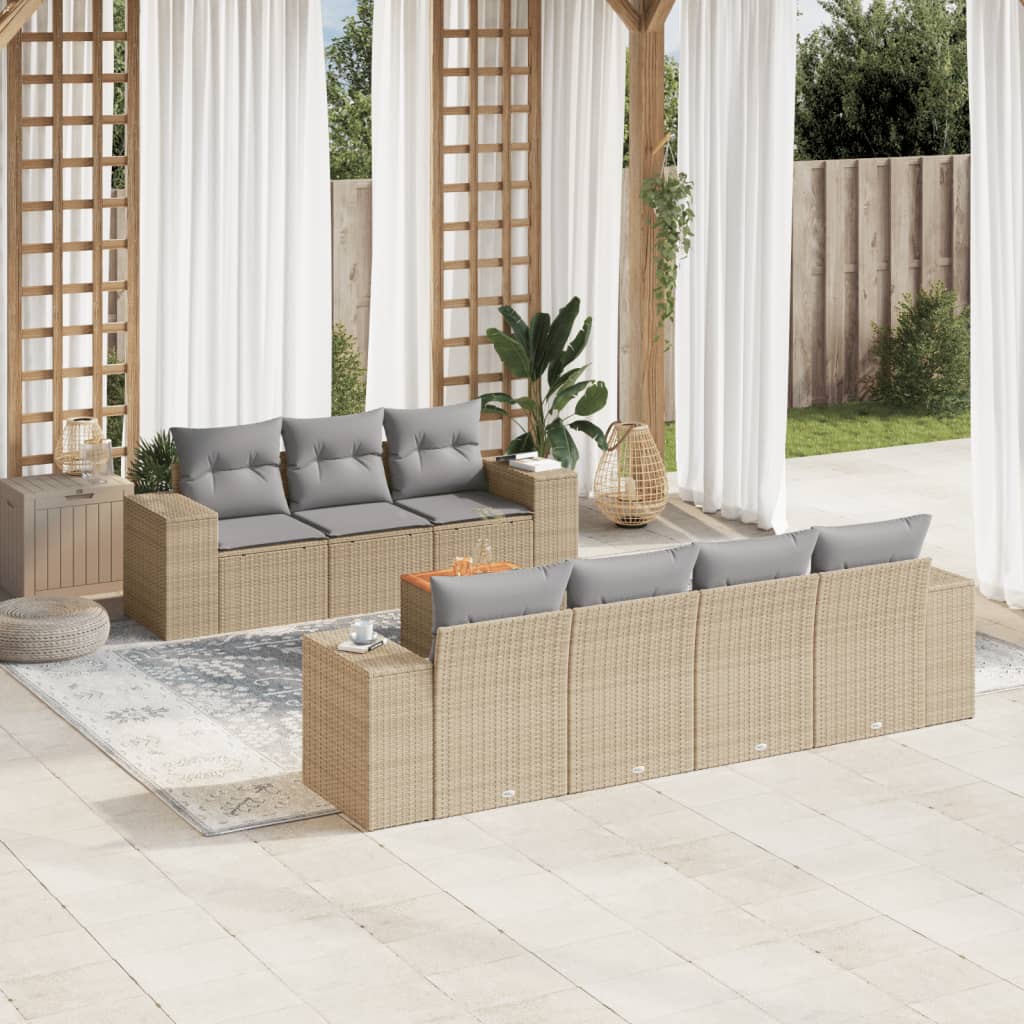 8 Pcs conjunto de sofás p/ jardim com almofadões vime PE bege