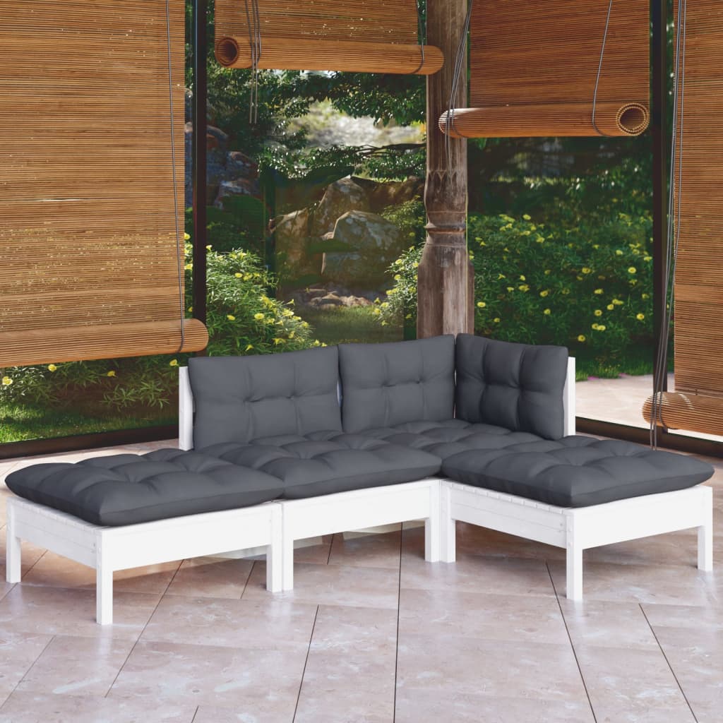 4 Pcs conjunto lounge de jardim c/ almofadões pinho maciço