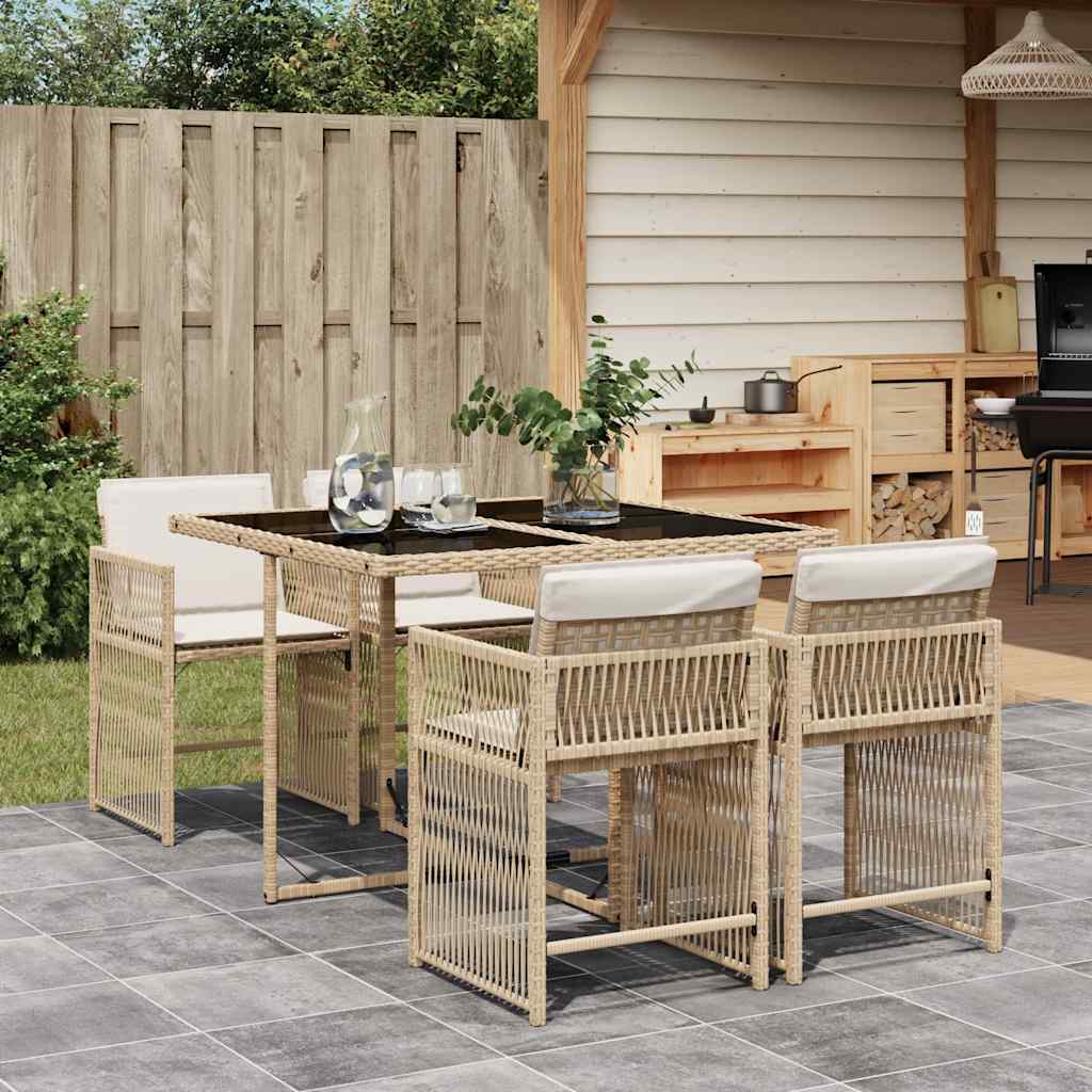 5 Pcs conjunto de jantar p/ jardim com almofadões vime PE bege