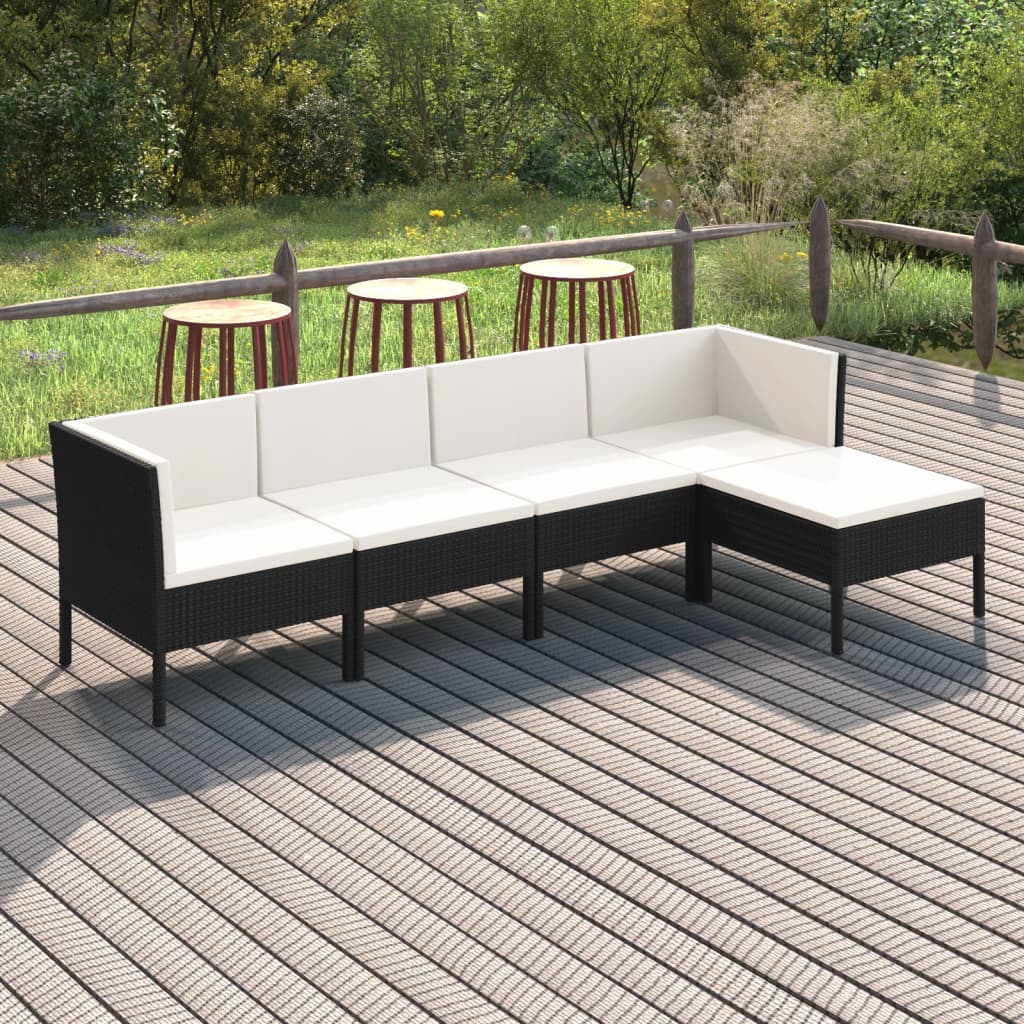 5 Pcs conjunto lounge de jardim c/ almofadões vime PE preto