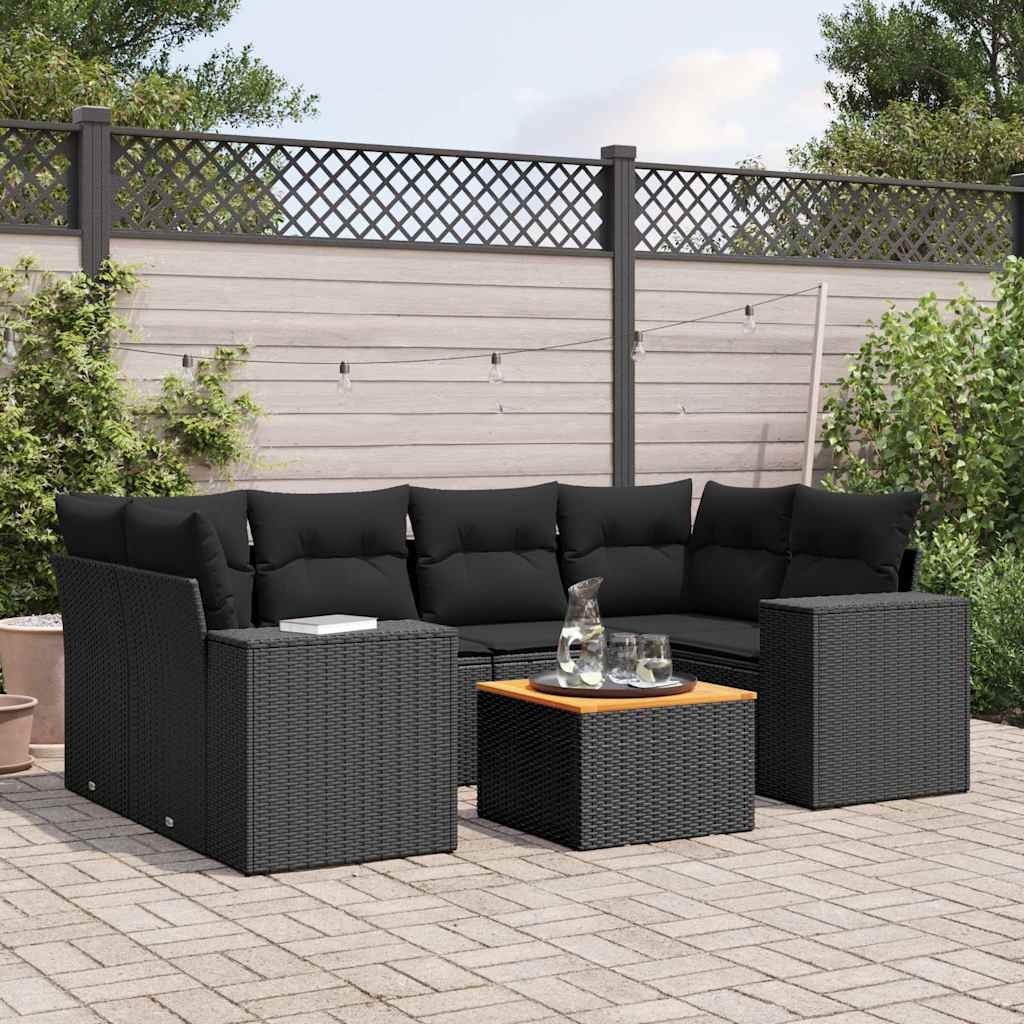7 Pcs conjunto de sofás p/ jardim c/ almofadões vime PE preto