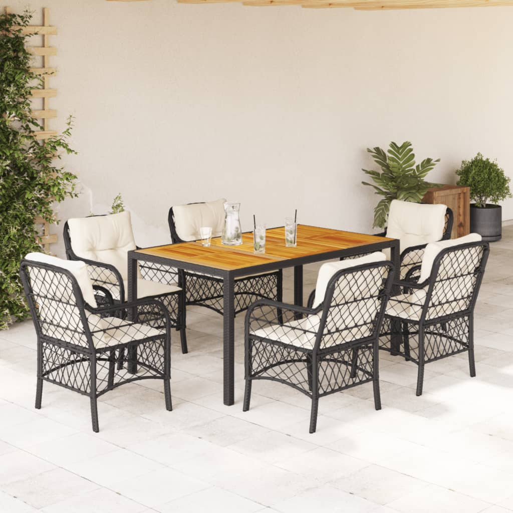 7 Pcs conjunto de jantar p/ jardim c/ almofadões vime PE preto