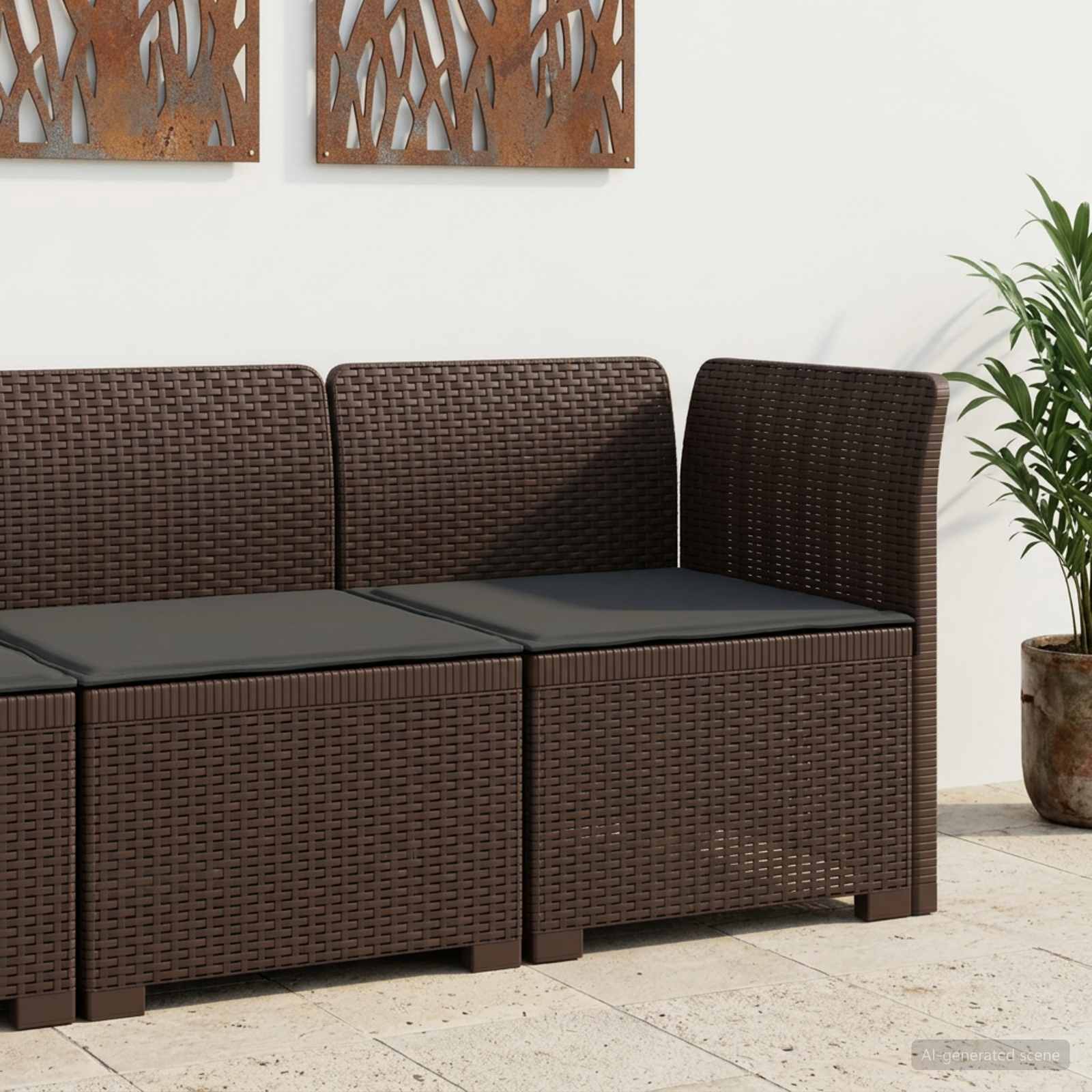 Sofá de jardim 1 lugar com almofada look rattan PP castanho