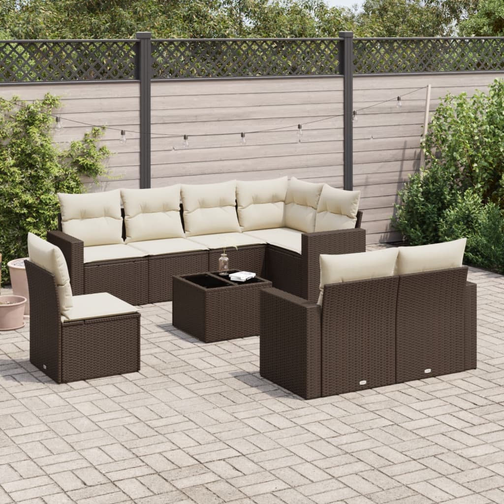 9 Pcs conjunto sofás p/ jardim c/ almofadões vime PE castanho