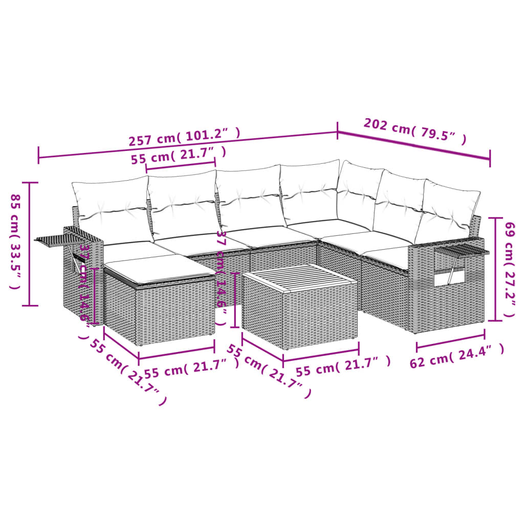 8 Pcs conjunto sofás de jardim c/ almofadões vime PE cinzento