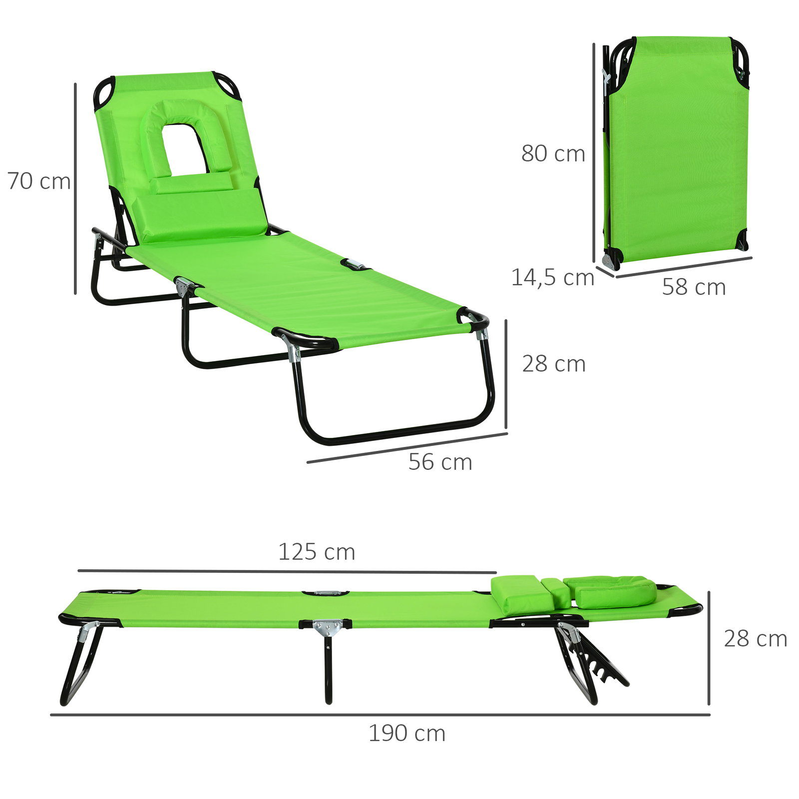 Espreguiçadeira Dobrável com Encosto Regulável em 4 Posições, Espreguiçadeira de Jardim com Orifício para Leitura, Almofada, Est