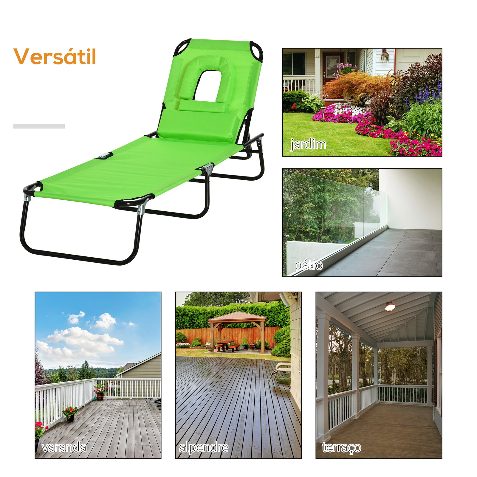 Espreguiçadeira Dobrável com Encosto Regulável em 4 Posições, Espreguiçadeira de Jardim com Orifício para Leitura, Almofada, Est