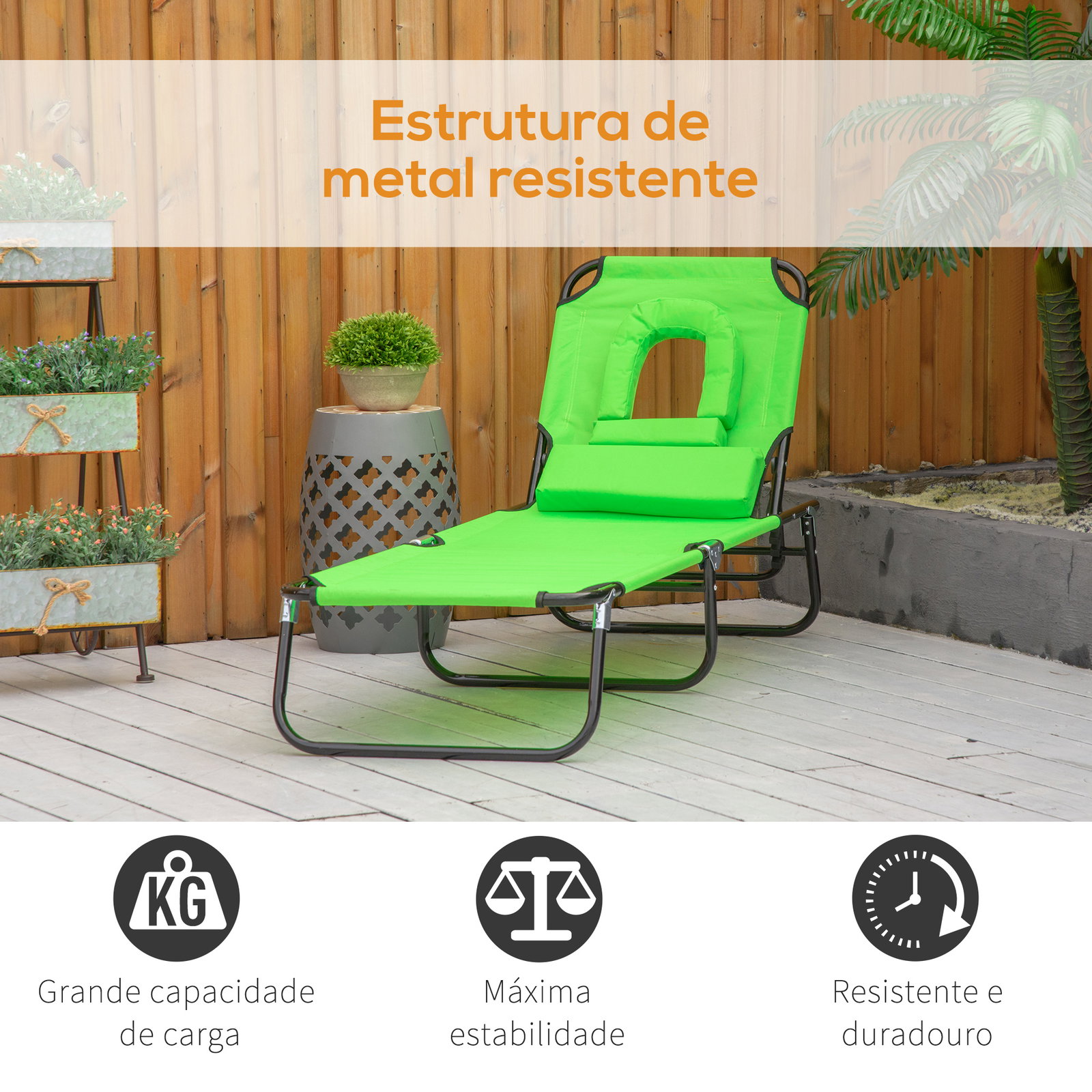 Espreguiçadeira Dobrável com Encosto Regulável em 4 Posições, Espreguiçadeira de Jardim com Orifício para Leitura, Almofada, Est