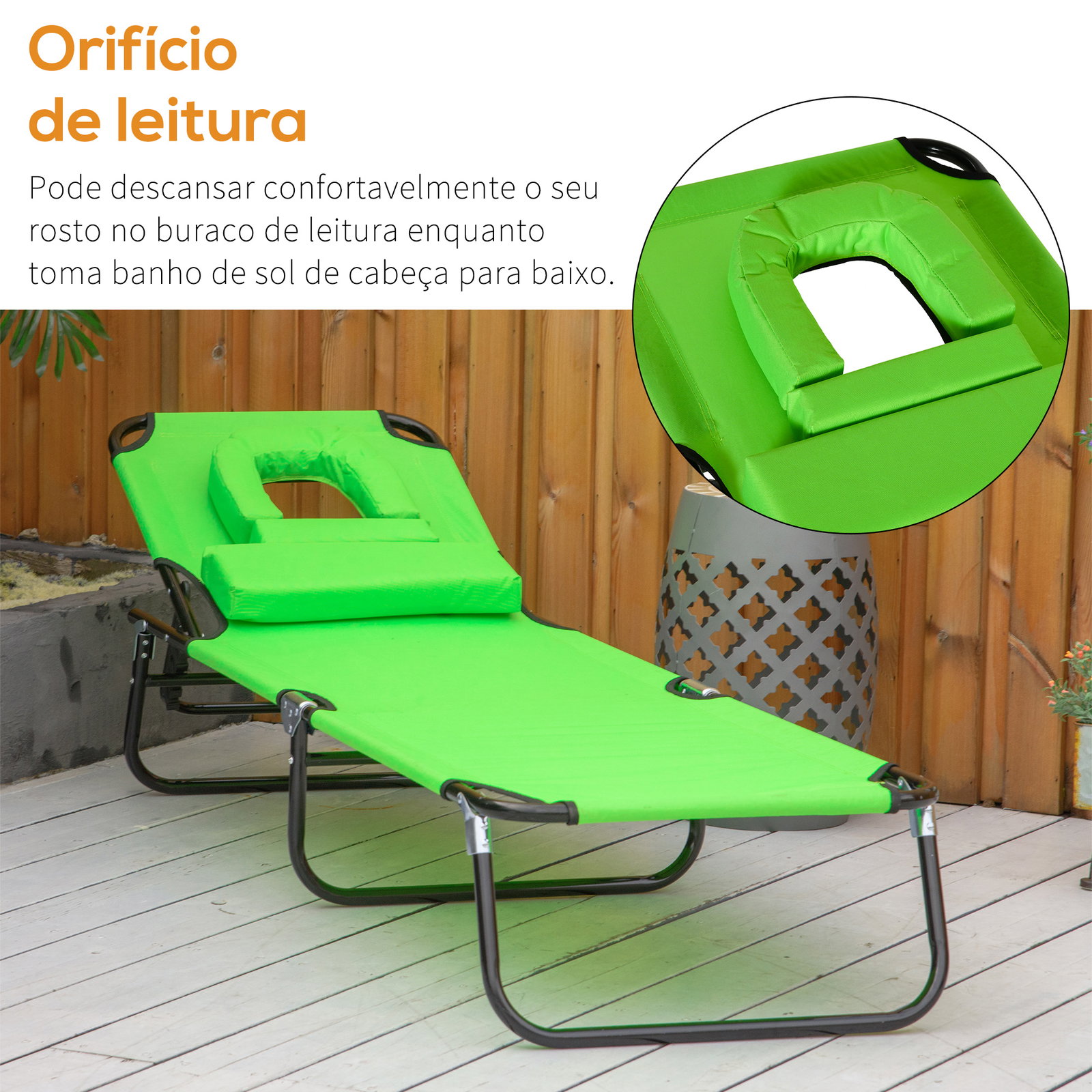 Espreguiçadeira Dobrável com Encosto Regulável em 4 Posições, Espreguiçadeira de Jardim com Orifício para Leitura, Almofada, Est