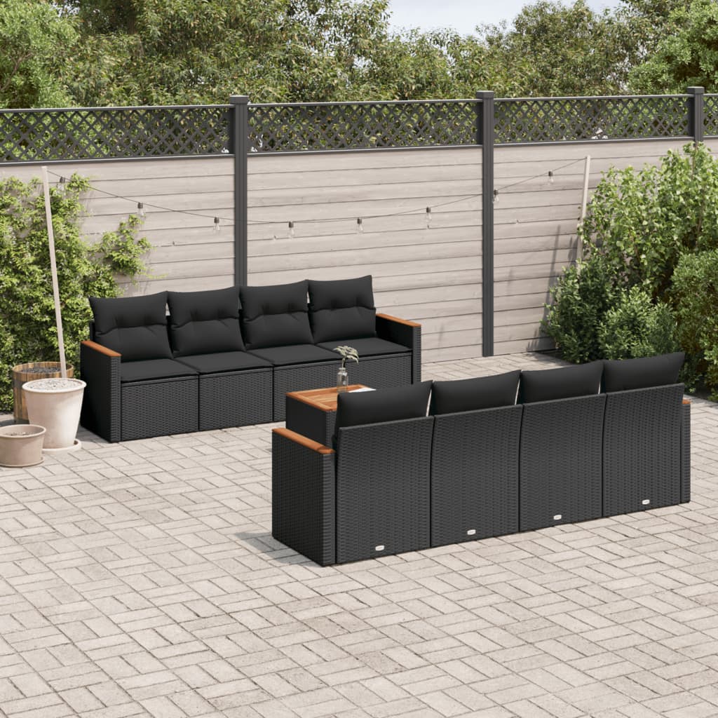 9 Pcs conjunto de sofás p/ jardim c/ almofadões vime PE preto