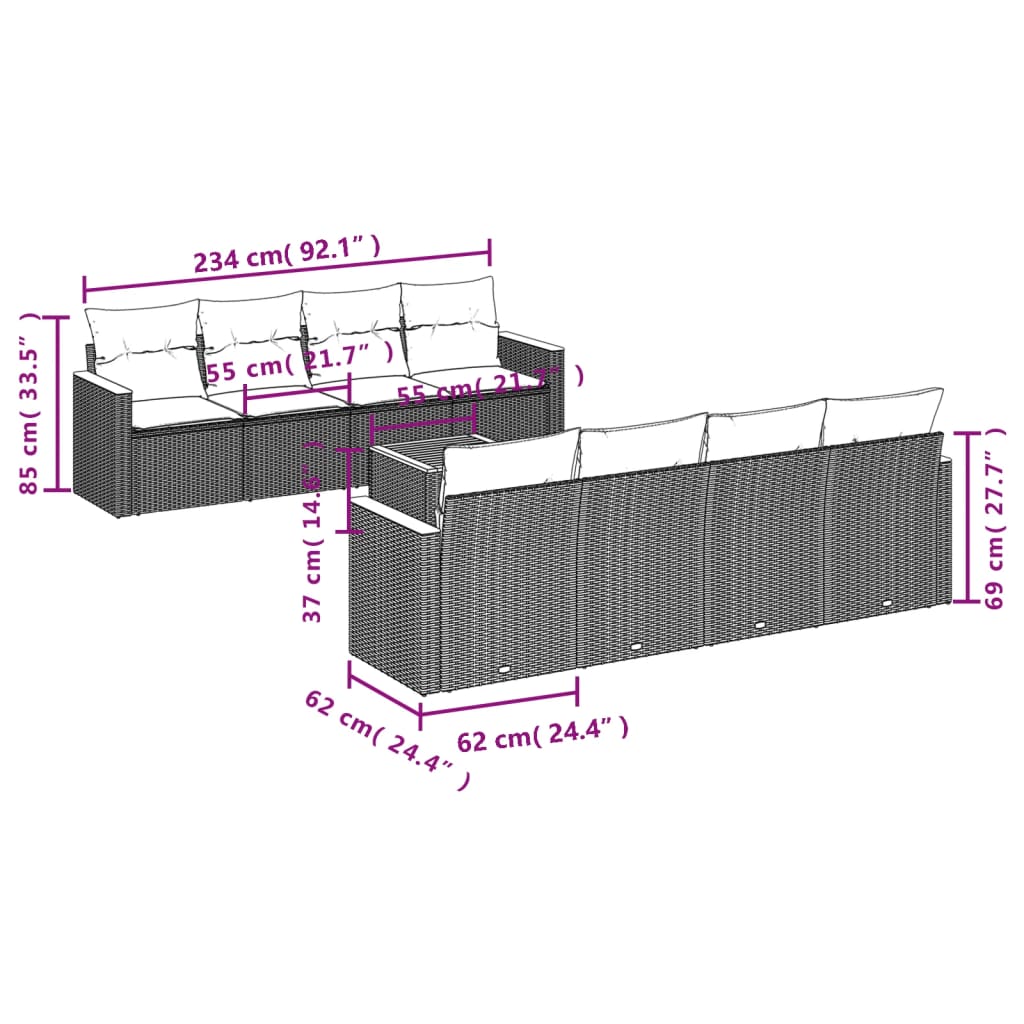 9 Pcs conjunto de sofás p/ jardim c/ almofadões vime PE preto