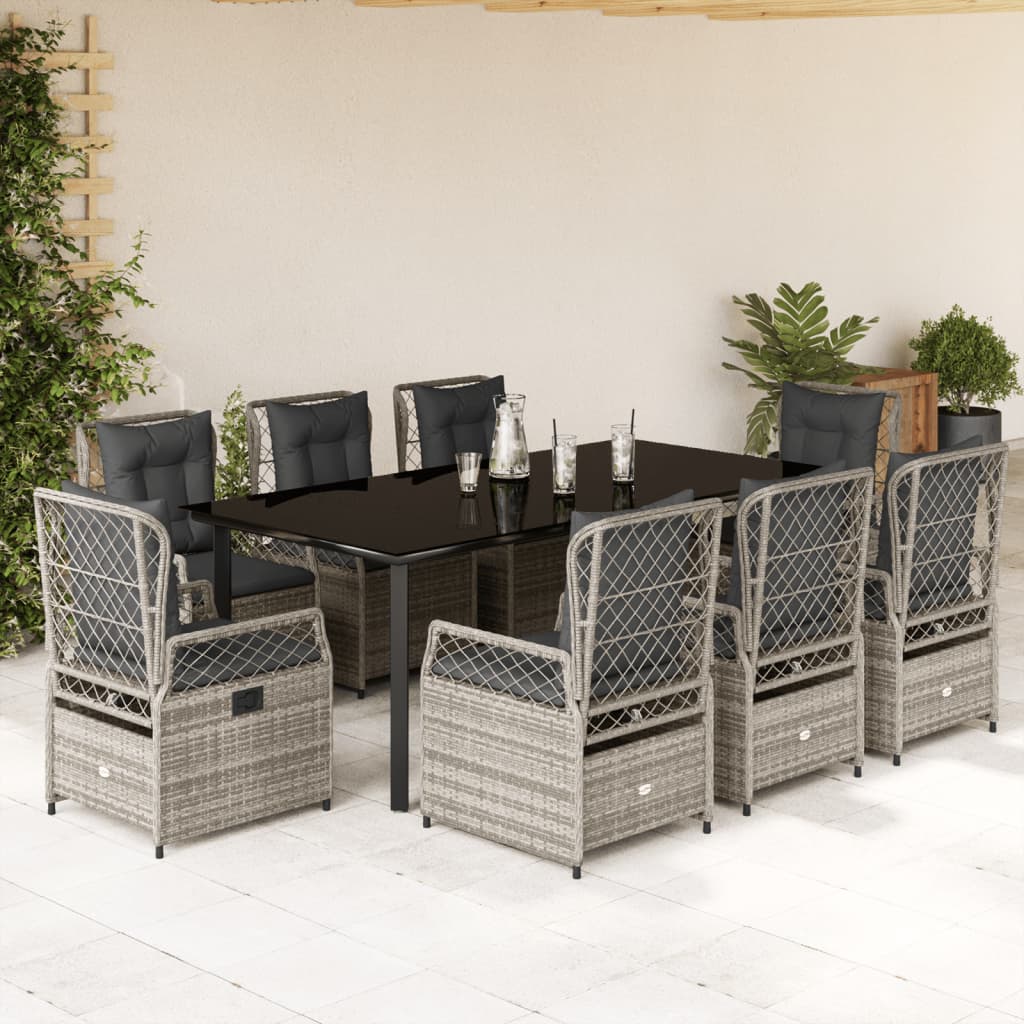 9 Pcs conjunto de jantar p/ jardim c/ almofadões vime PE cinza