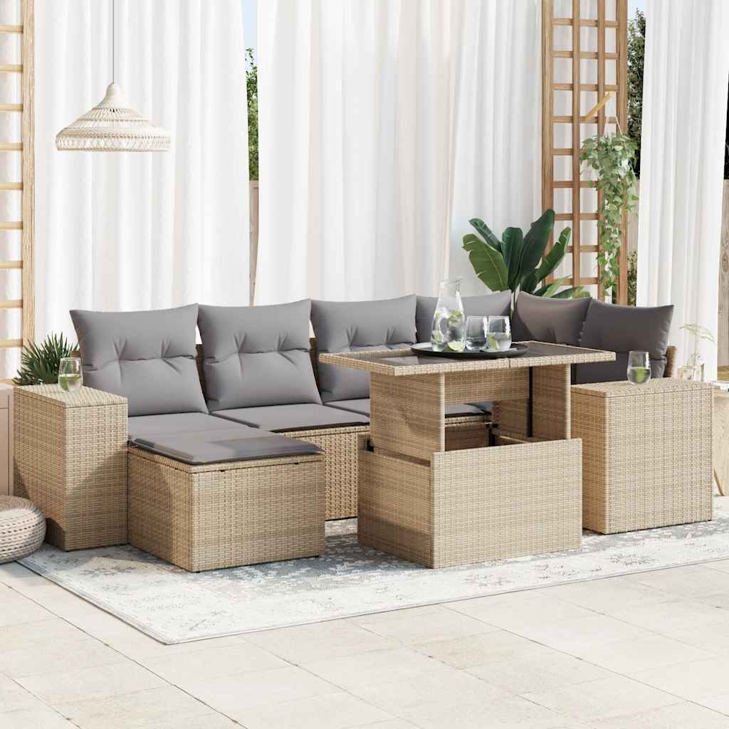 7 Pcs conjunto de sofás p/ jardim com almofadões vime PE bege