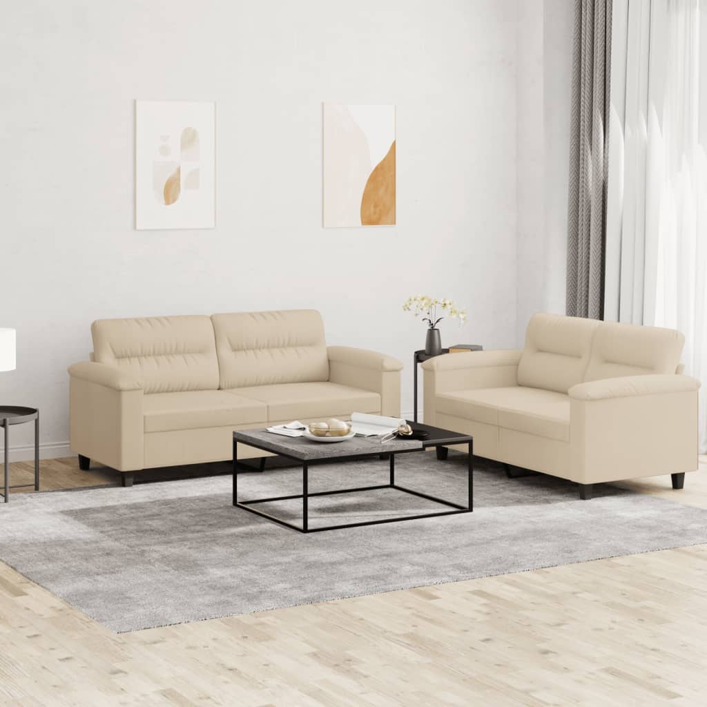 2 Pcs conj. sofás c/ almofadões tecido de microfibra cor creme