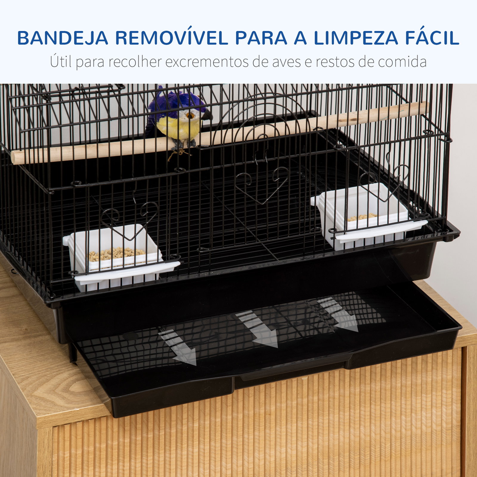 Gaiola para pássaros de metal com bandeja amovível 2 comedouros e poleiros 50,5x41x63cm preto