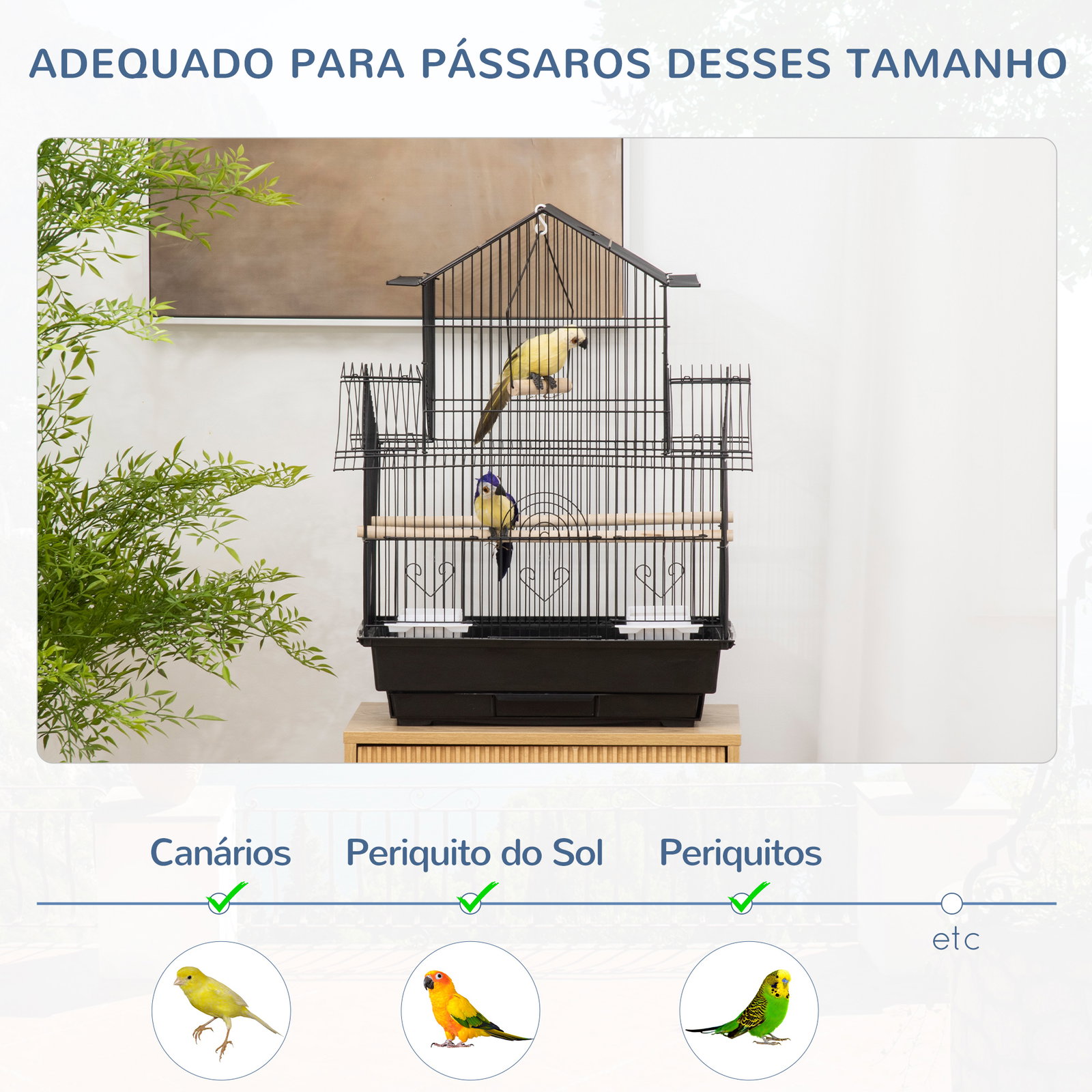 Gaiola para pássaros de metal com bandeja amovível 2 comedouros e poleiros 50,5x41x63cm preto