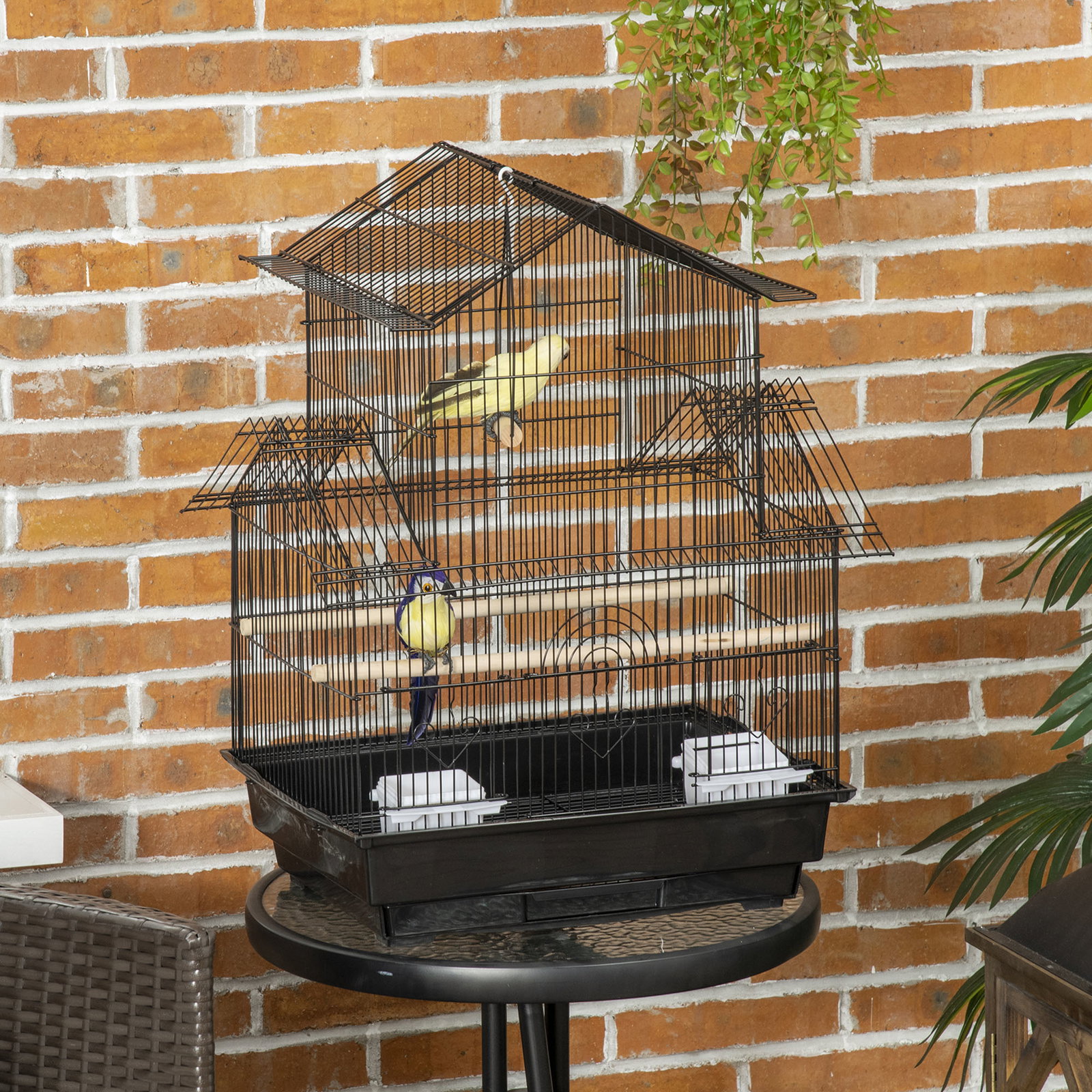 Gaiola para pássaros de metal com bandeja amovível 2 comedouros e poleiros 50,5x41x63cm preto