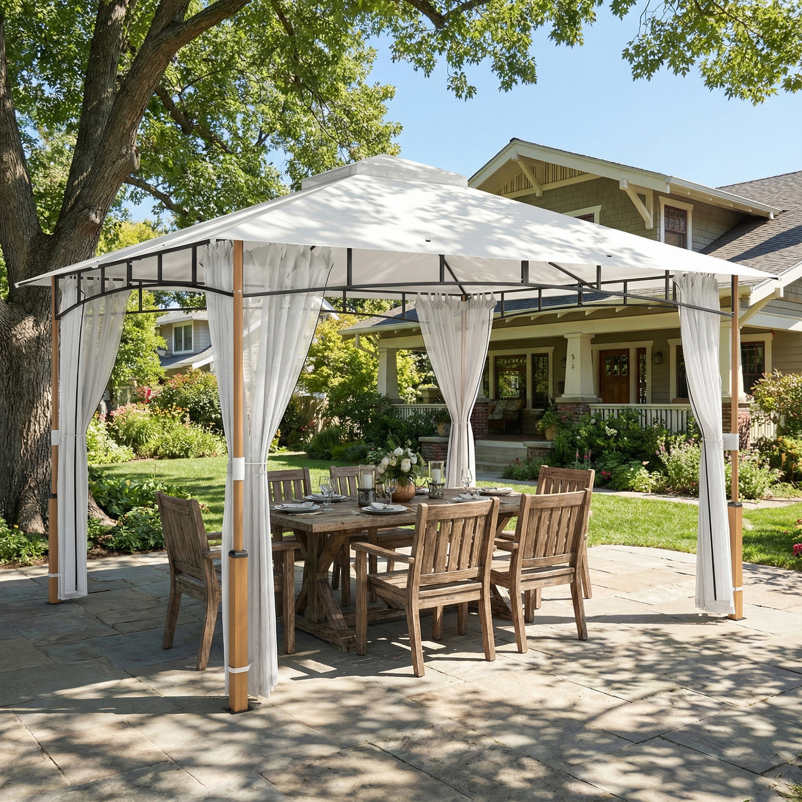 Pérgola para jardim 3x3,6 m com telhado duplo paredes de rede upf50+ estrutura metálica creme e teca