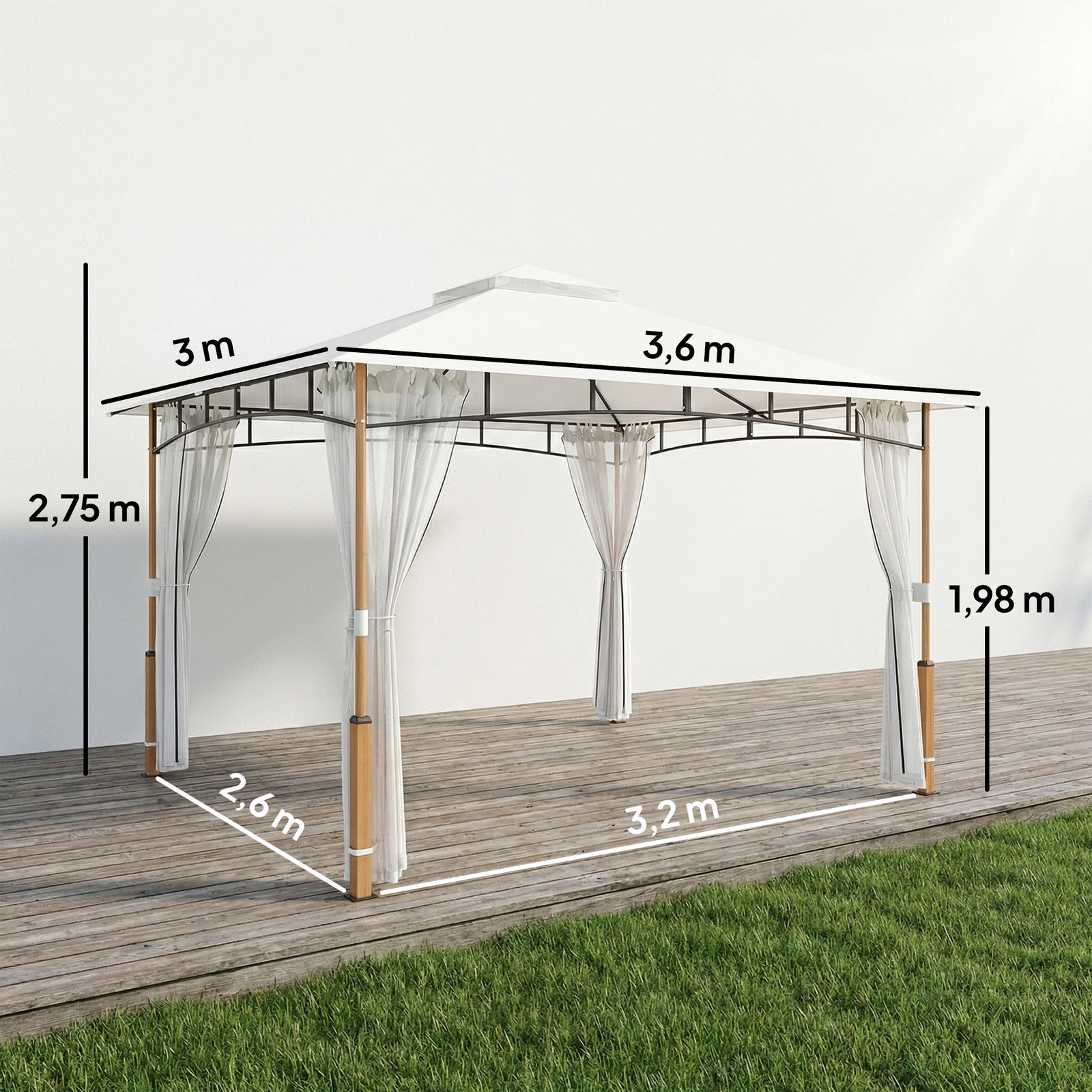 Pérgola para jardim 3x3,6 m com telhado duplo paredes de rede upf50+ estrutura metálica creme e teca