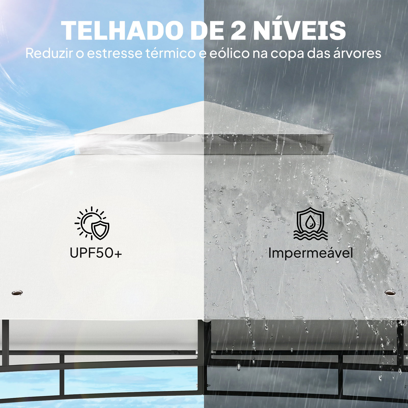 Pérgola para jardim 3x3,6 m com telhado duplo paredes de rede upf50+ estrutura metálica creme e teca