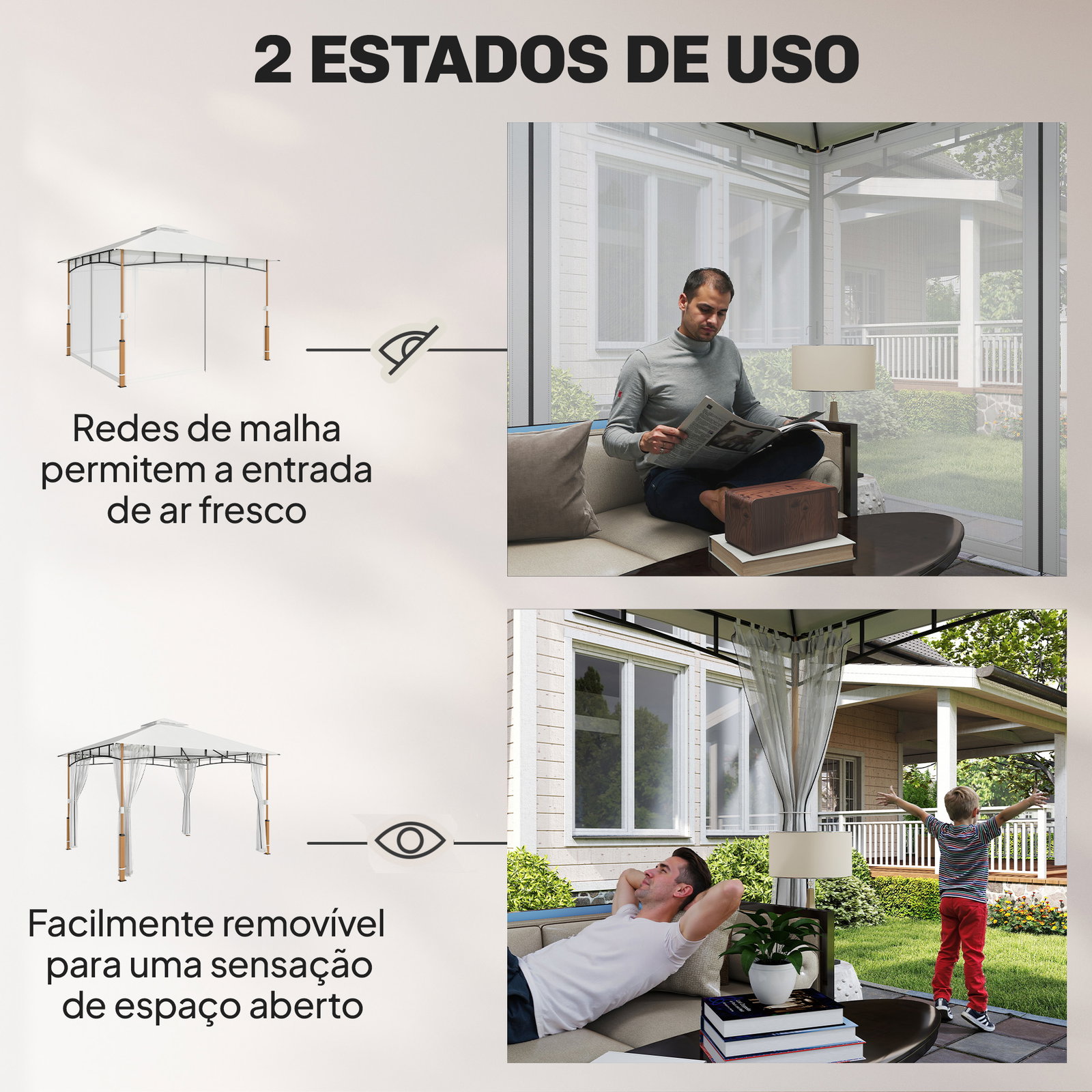 Pérgola para jardim 3x3,6 m com telhado duplo paredes de rede upf50+ estrutura metálica creme e teca