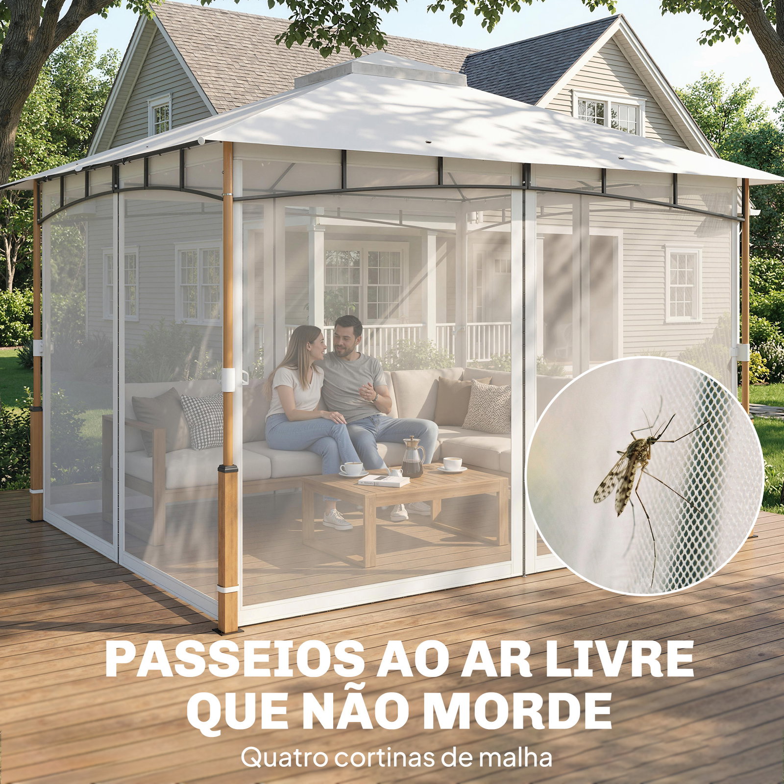 Pérgola para jardim 3x3,6 m com telhado duplo paredes de rede upf50+ estrutura metálica creme e teca