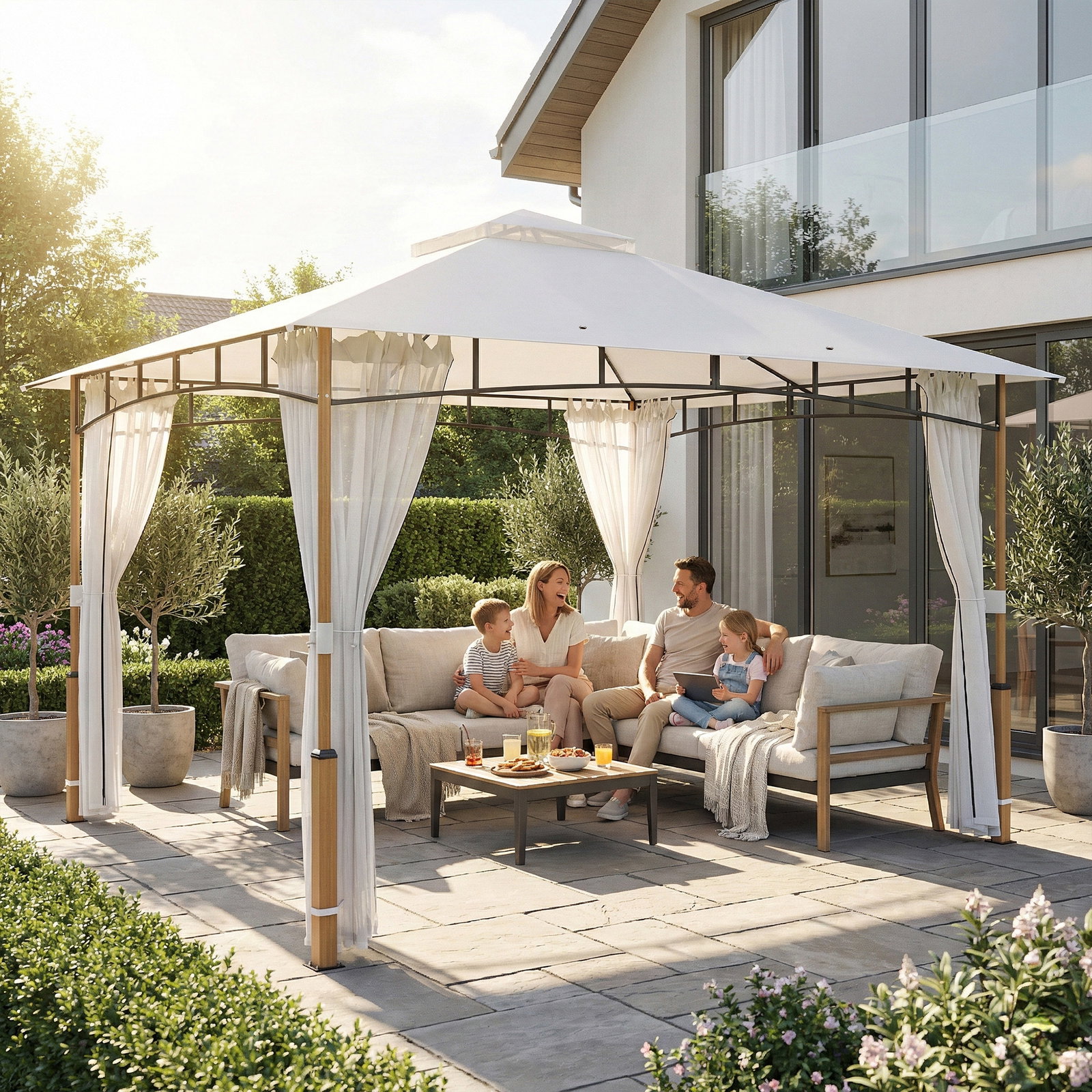Pérgola para jardim 3x3,6 m com telhado duplo paredes de rede upf50+ estrutura metálica creme e teca