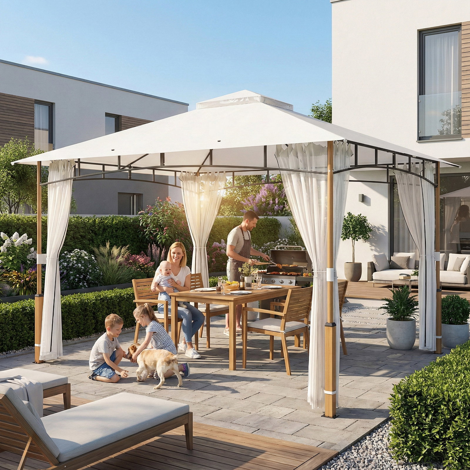 Pérgola para jardim 3x3,6 m com telhado duplo paredes de rede upf50+ estrutura metálica creme e teca