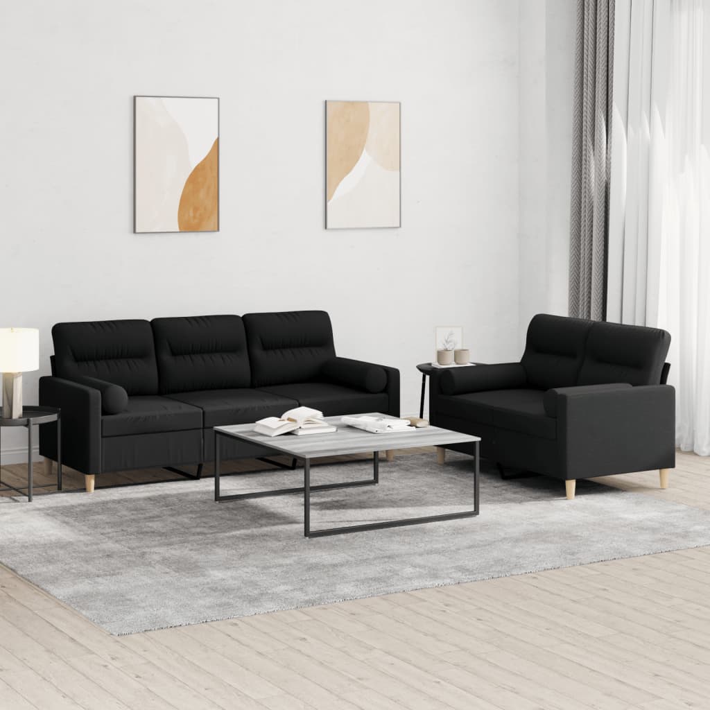 2 Pcs conjunto de sofás com almofadas tecido preto