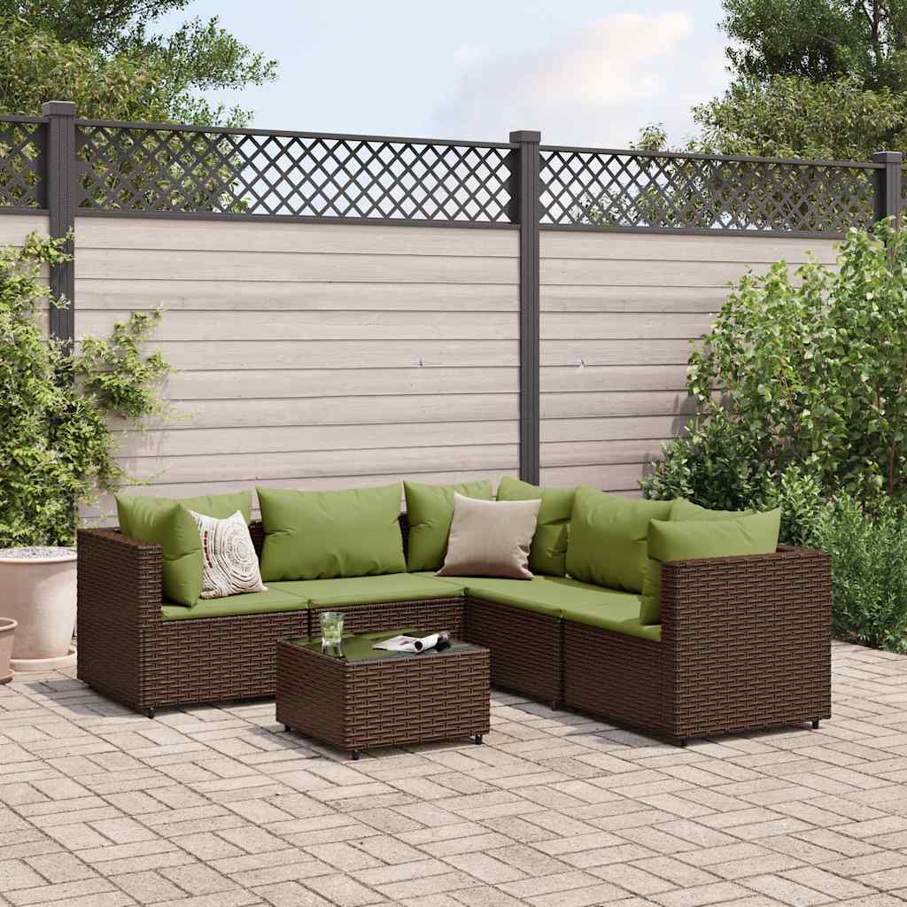6 Pcs conj. lounge jardim c/ almofadões 6 pcs vime PE castanho