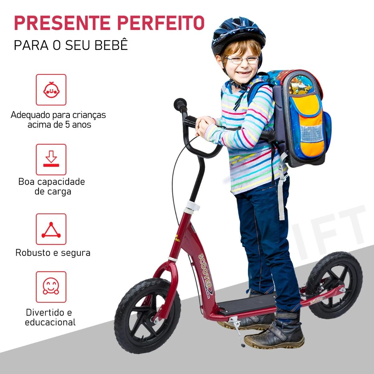 Trotinete para Crianças acima de 5 anos Scooter de 2 Rodas Grandes de 12 Polegadas com Freio e Guidão Ajustável em Altura Carga