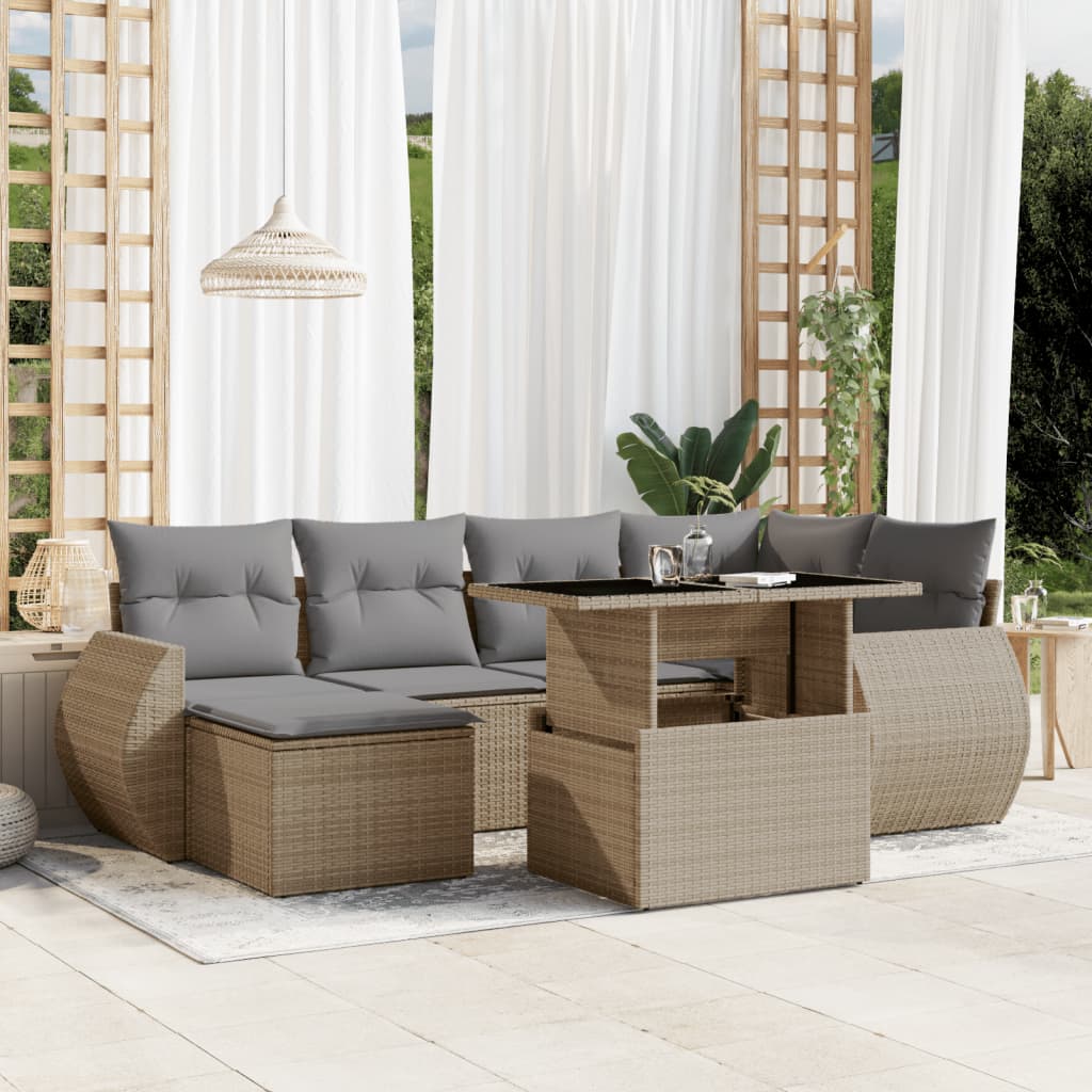 7 Pcs conjunto de sofás p/ jardim com almofadões vime PE bege