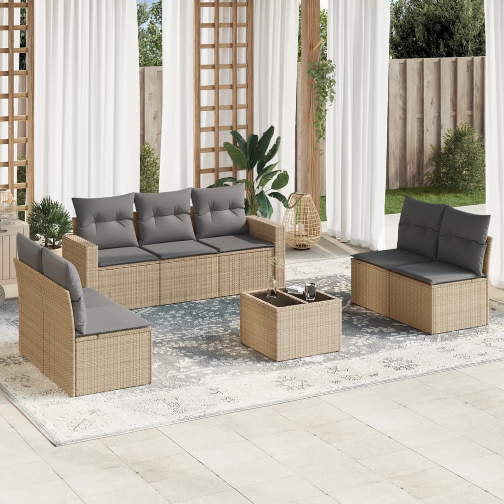 8 Pcs conjunto de sofás p/ jardim com almofadões vime PE bege