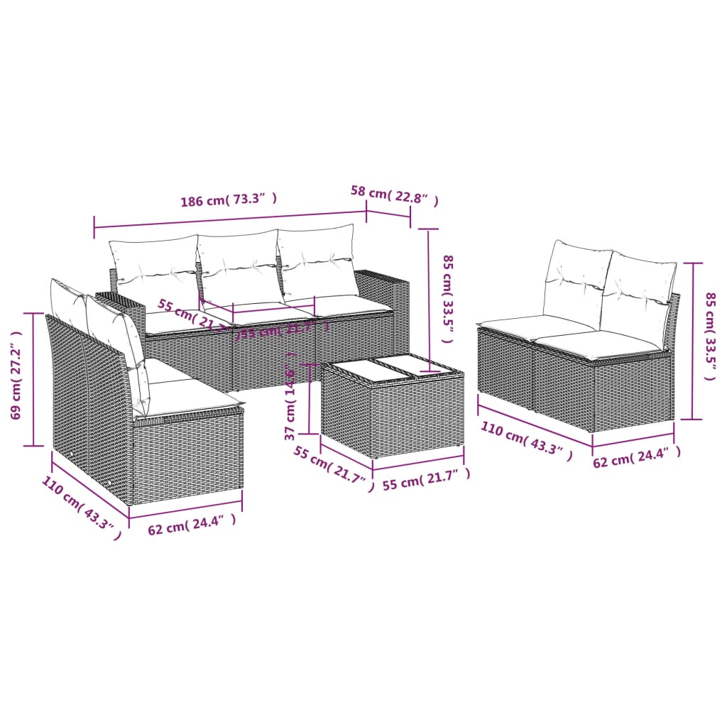 8 Pcs conjunto de sofás p/ jardim com almofadões vime PE bege