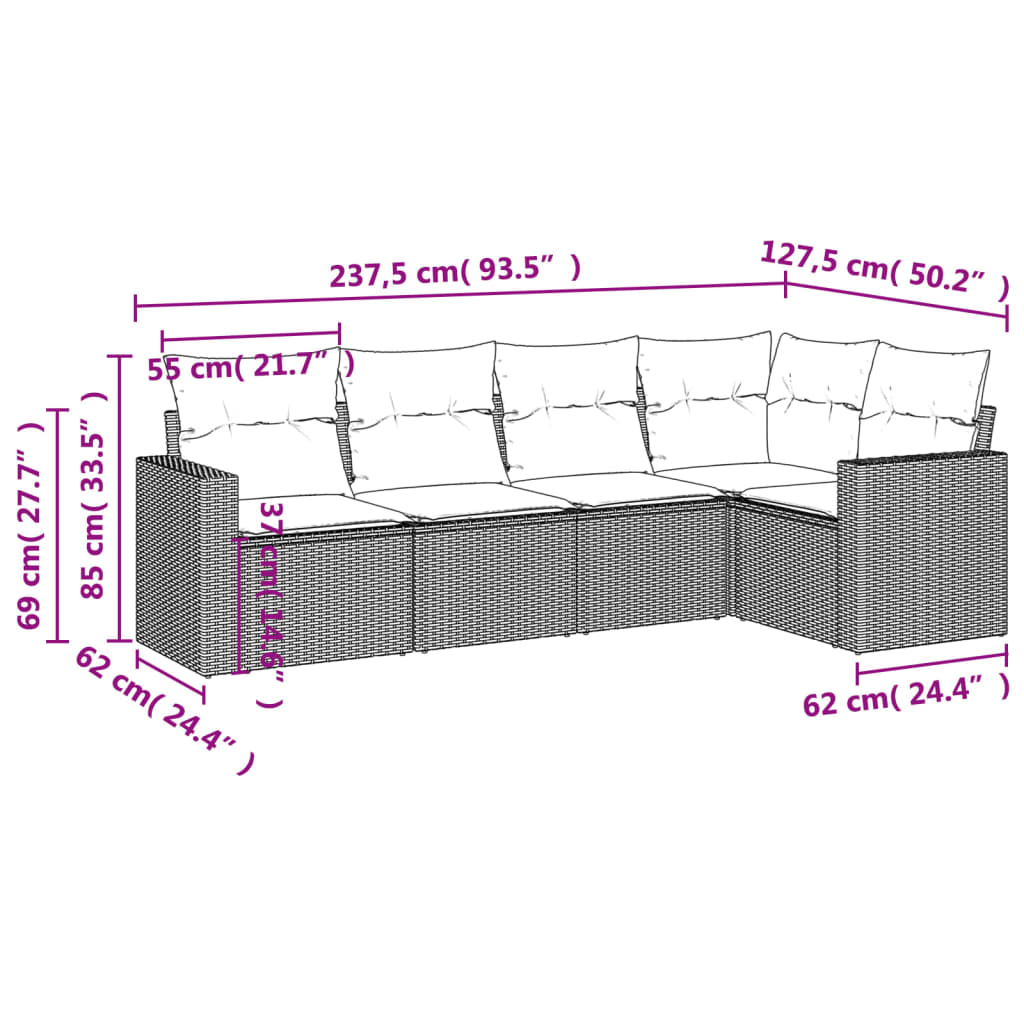 5 Pcs conjunto de sofás p/ jardim com almofadões vime PE bege